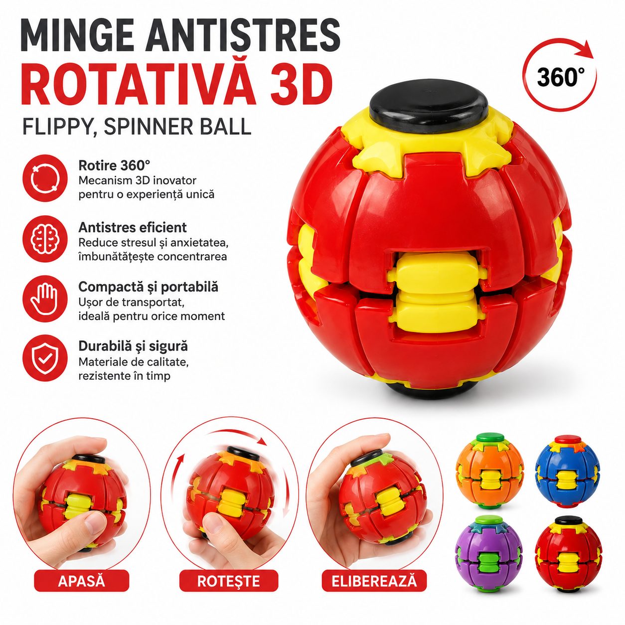 Minge Antistres Rotativa 3D, , Spinner Ball cu Apasare si Rotire, Jucarie Senzoriala pentru Relaxare si Concentrare, Design Interactiv, Rosu 4