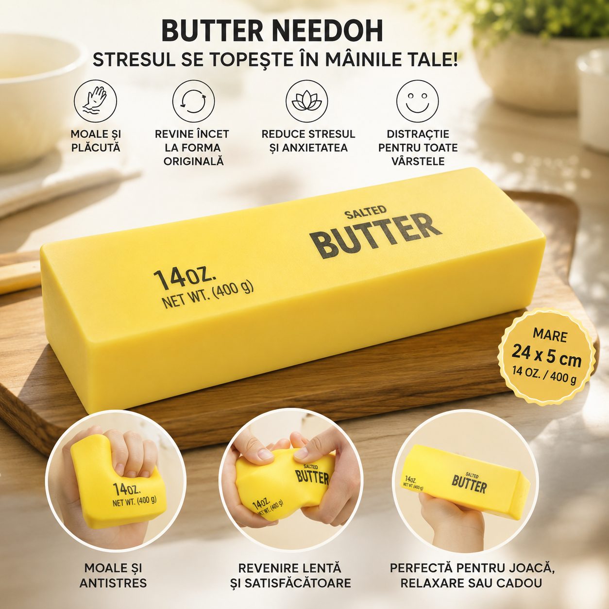 Jucarie Antistres Squishy, , Model Butter Block, Tip Needoh, Moale cu Revenire Lenta, 400 g, 24 x 5 cm, Galben 5