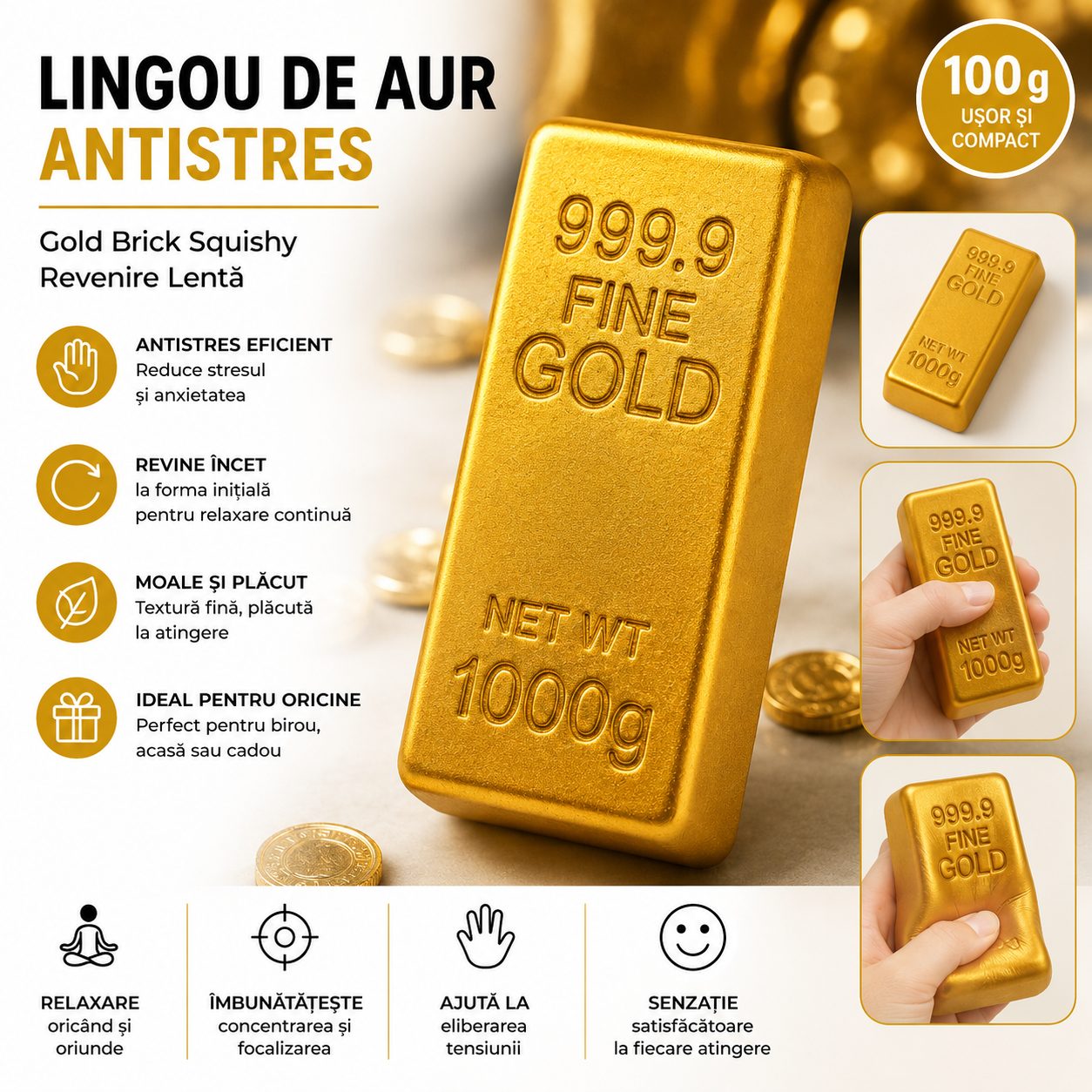 Jucarie Antistres Lingou de Aur, , Gold Brick Squishy, Revenire Lenta, 100 g, Auriu 5