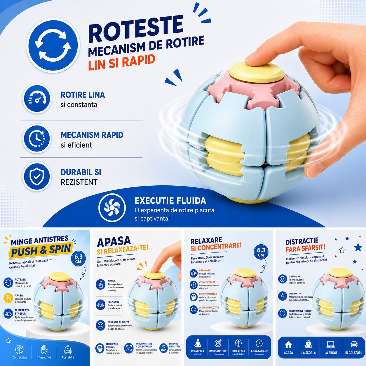 Jucarie Antistres Rotativa, , Model Minge Push and Spin, Rotire Manuala, Structura 3D Interactiva, Relaxare si Indemanare, 6.3 cm, Albastru dechis/Galben 3