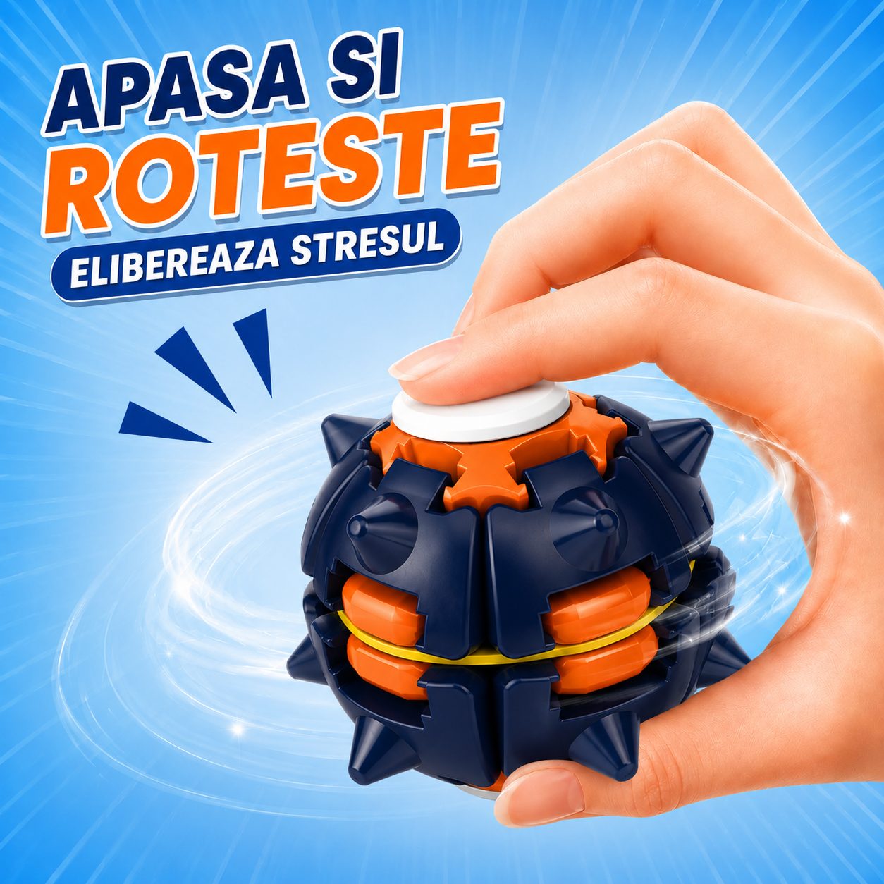 Jucarie Antistres Rotativa, , Model Minge Push and Spin, Rotire Manuala, Structura 3D Interactiva, Relaxare si Indemanare, 6.3 cm, Albastru inchis/Portocaliu 5