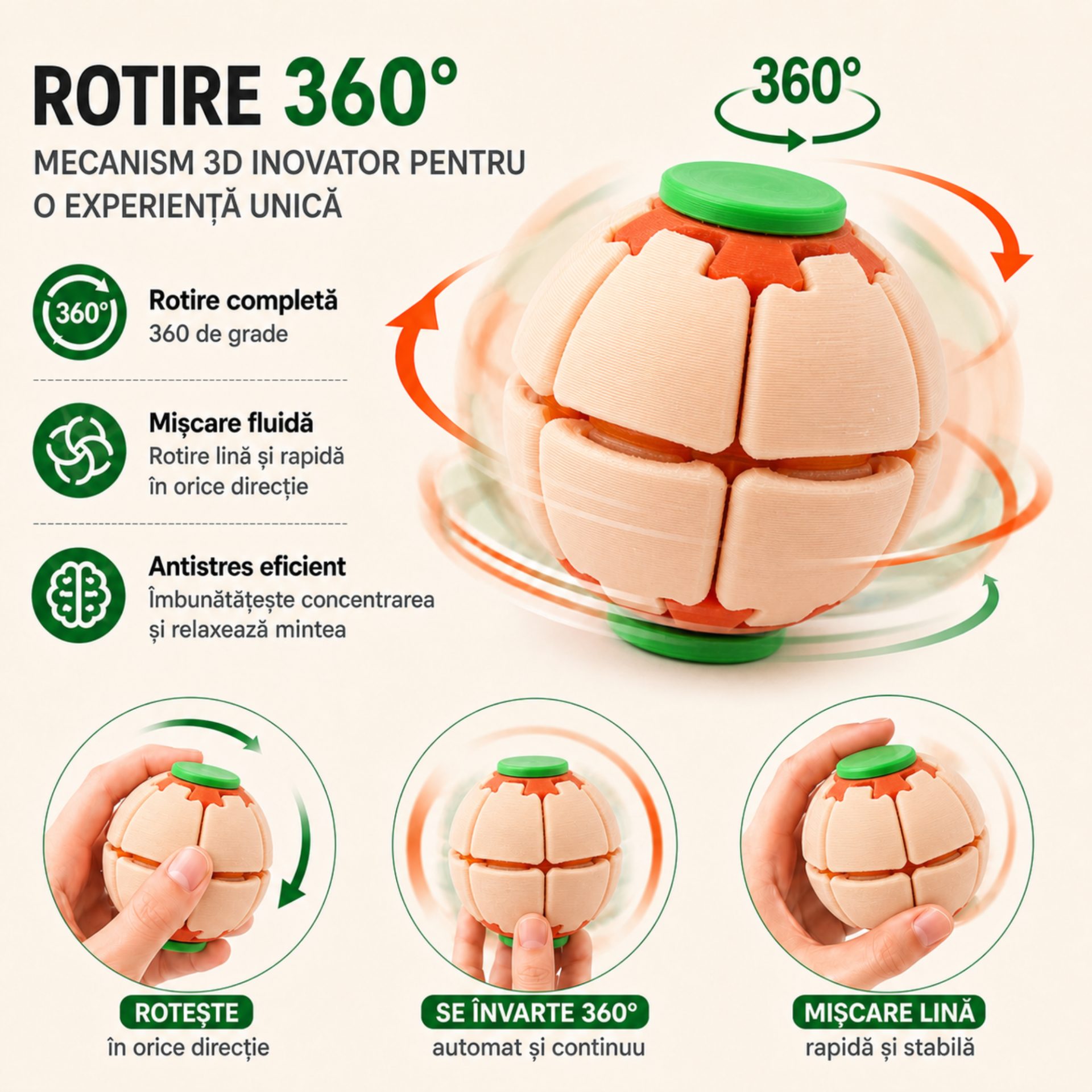 Minge Senzorială Antistres Rotativă 3D, , Tip Fidget Spinner, cu Sistem de Apăsare și Rotire, Design Interactiv, Apticot 3