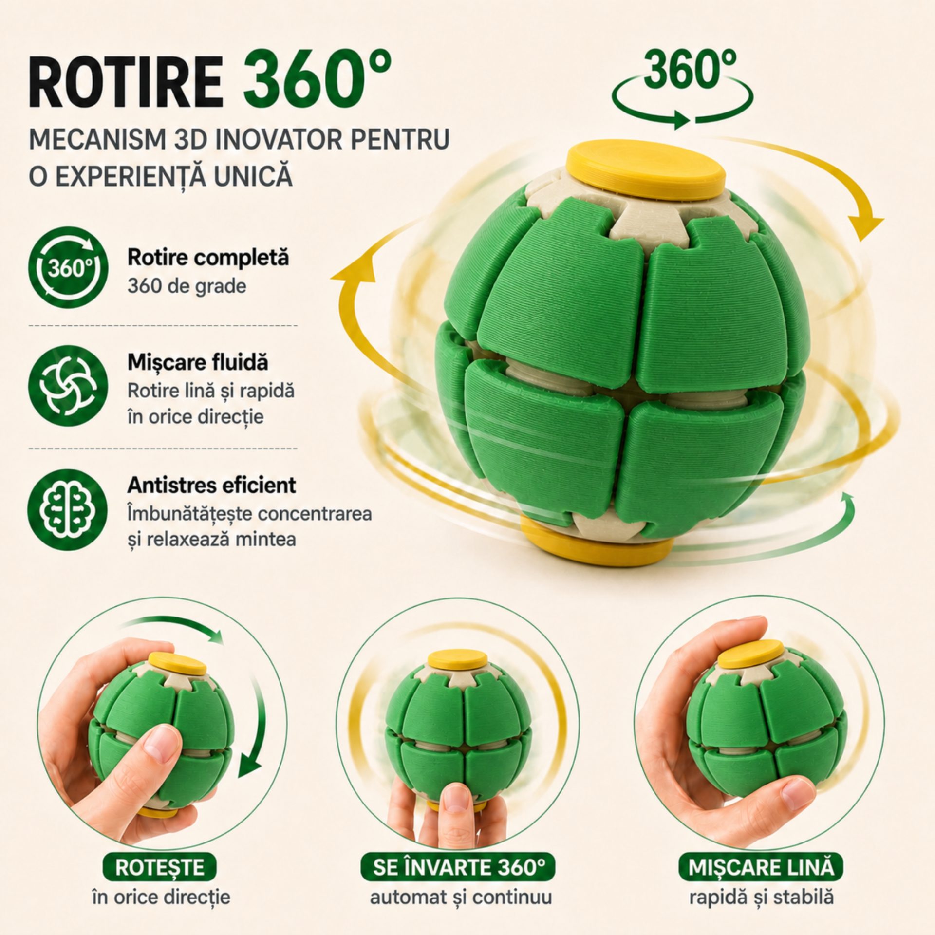 Minge Senzorială Antistres Rotativă 3D, , Tip Fidget Spinner, cu Sistem de Apăsare și Rotire, Design Interactiv, Verdee 3