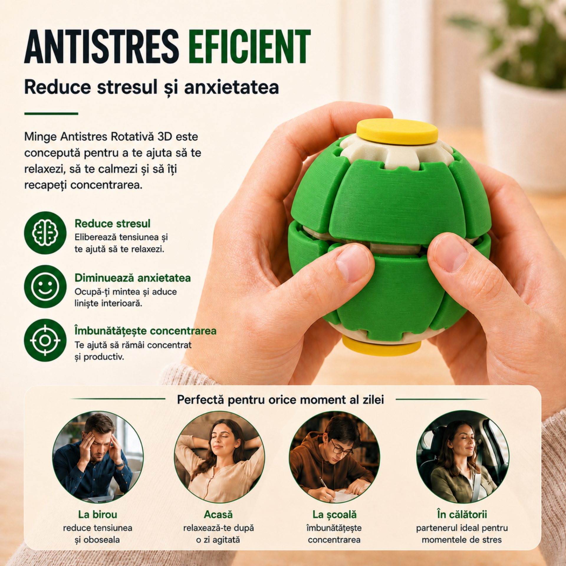 Minge Senzorială Antistres Rotativă 3D, , Tip Fidget Spinner, cu Sistem de Apăsare și Rotire, Design Interactiv, Verdee 5