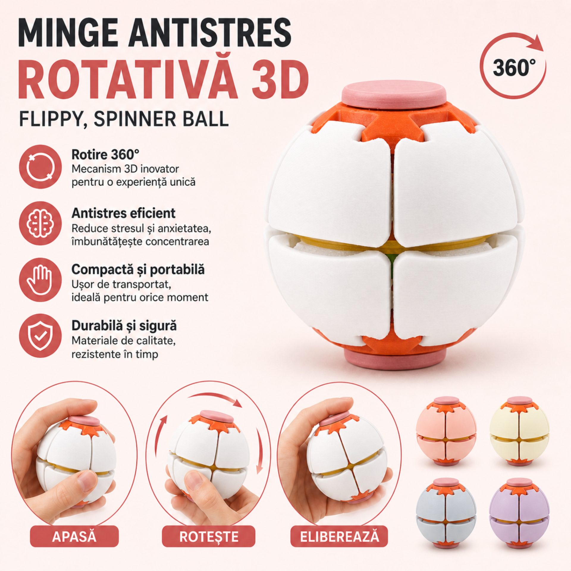 Minge Senzorială Antistres Rotativă 3D, , Tip Fidget Spinner, cu Sistem de Apăsare și Rotire, Design Interactiv, Alb 2