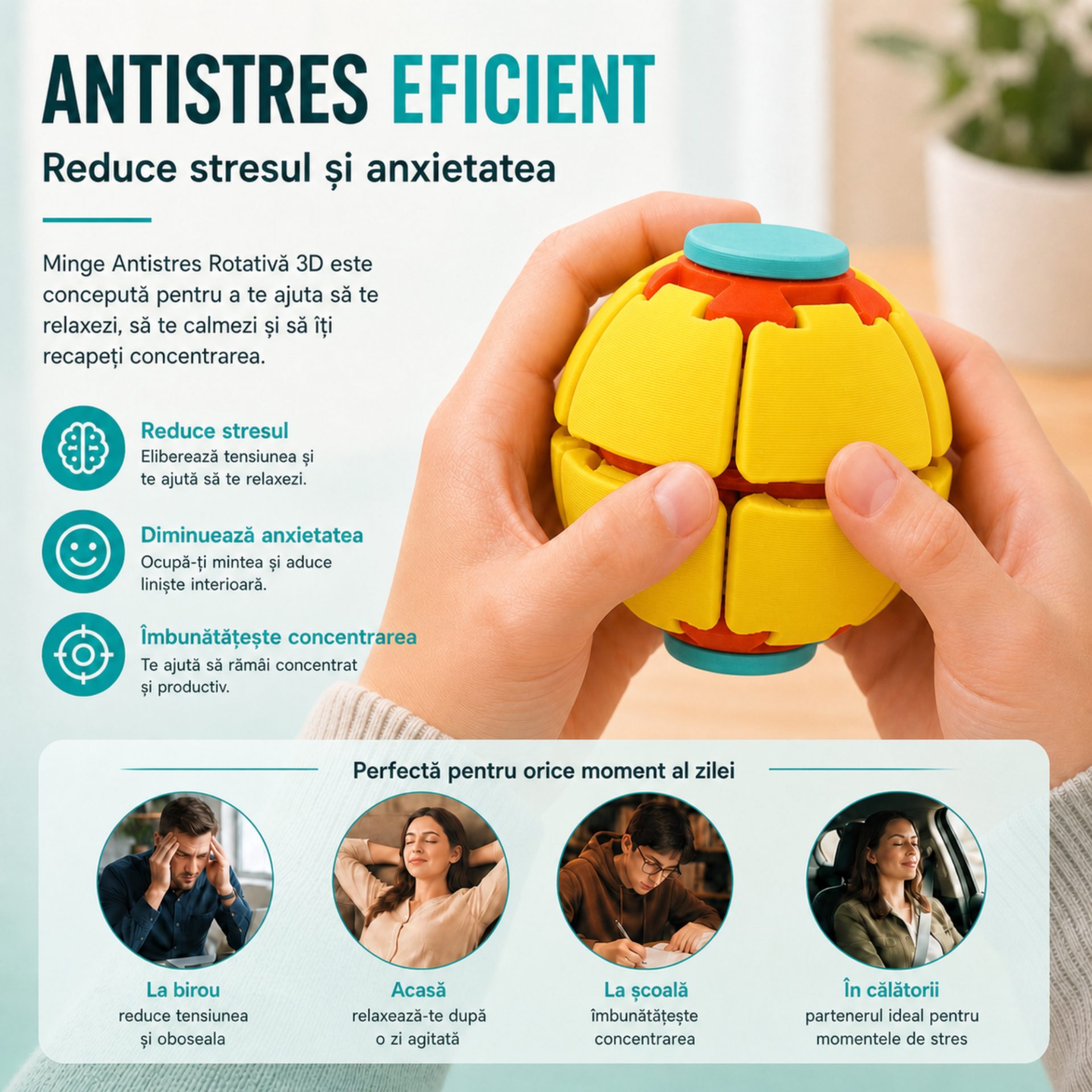 Minge Senzorială Antistres Rotativă 3D, , Tip Fidget Spinner, cu Sistem de Apăsare și Rotire, Design Interactiv, Galben 3