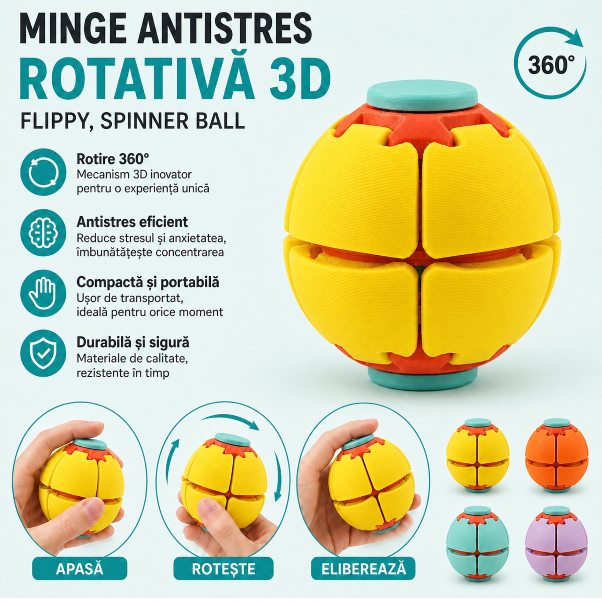 Minge Senzorială Antistres Rotativă 3D, , Tip Fidget Spinner, cu Sistem de Apăsare și Rotire, Design Interactiv, Galben 2