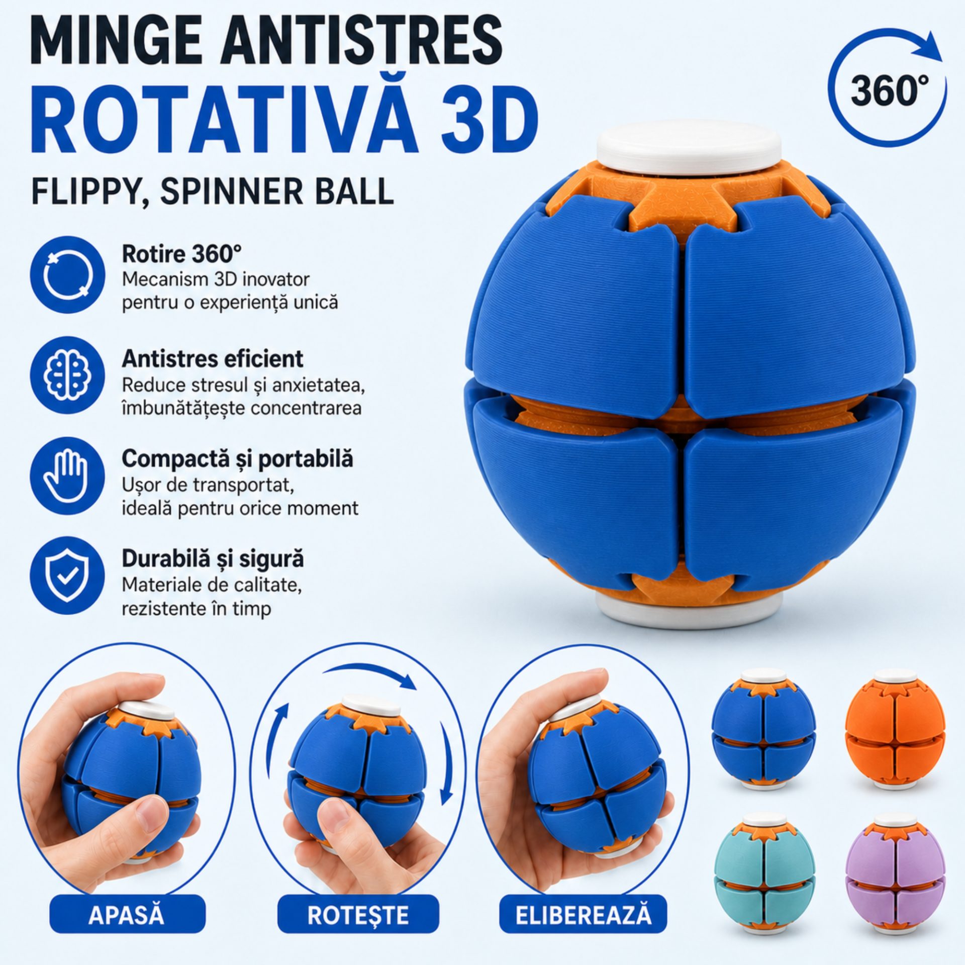 Minge Senzorială Antistres Rotativă 3D, , Tip Fidget Spinner, cu Sistem de Apăsare și Rotire, Design Interactiv, Albastru 2