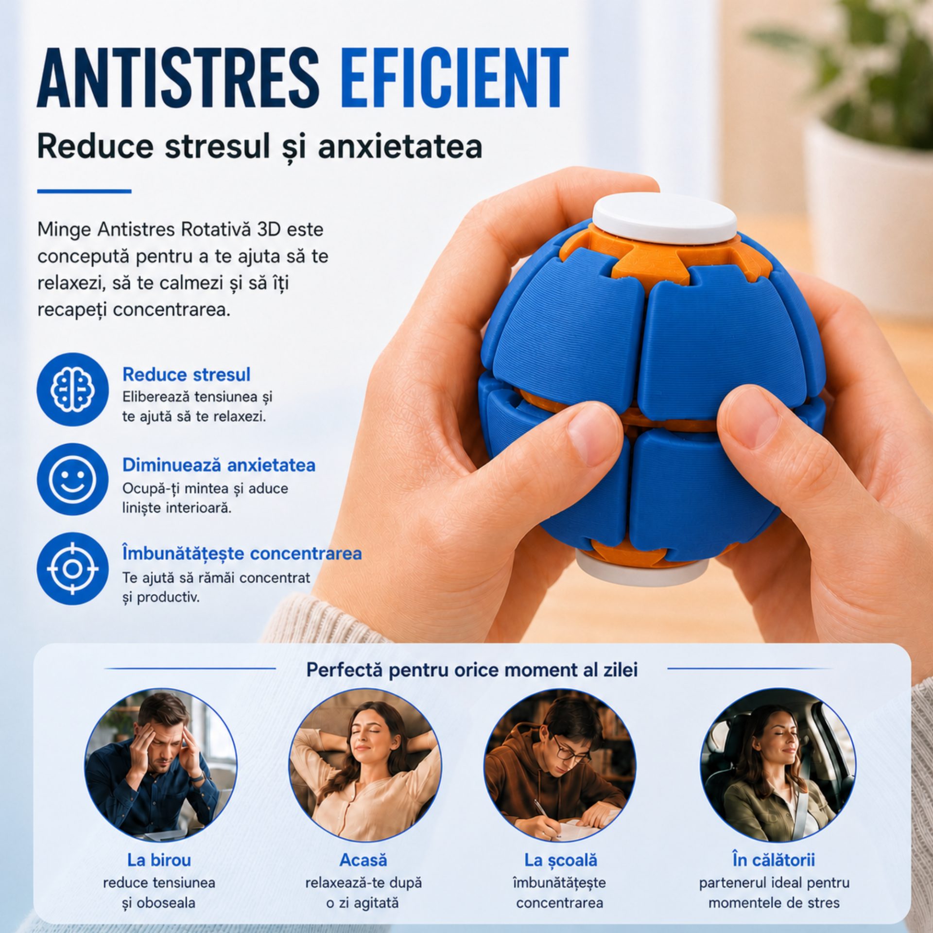 Minge Senzorială Antistres Rotativă 3D, , Tip Fidget Spinner, cu Sistem de Apăsare și Rotire, Design Interactiv, Albastru 4