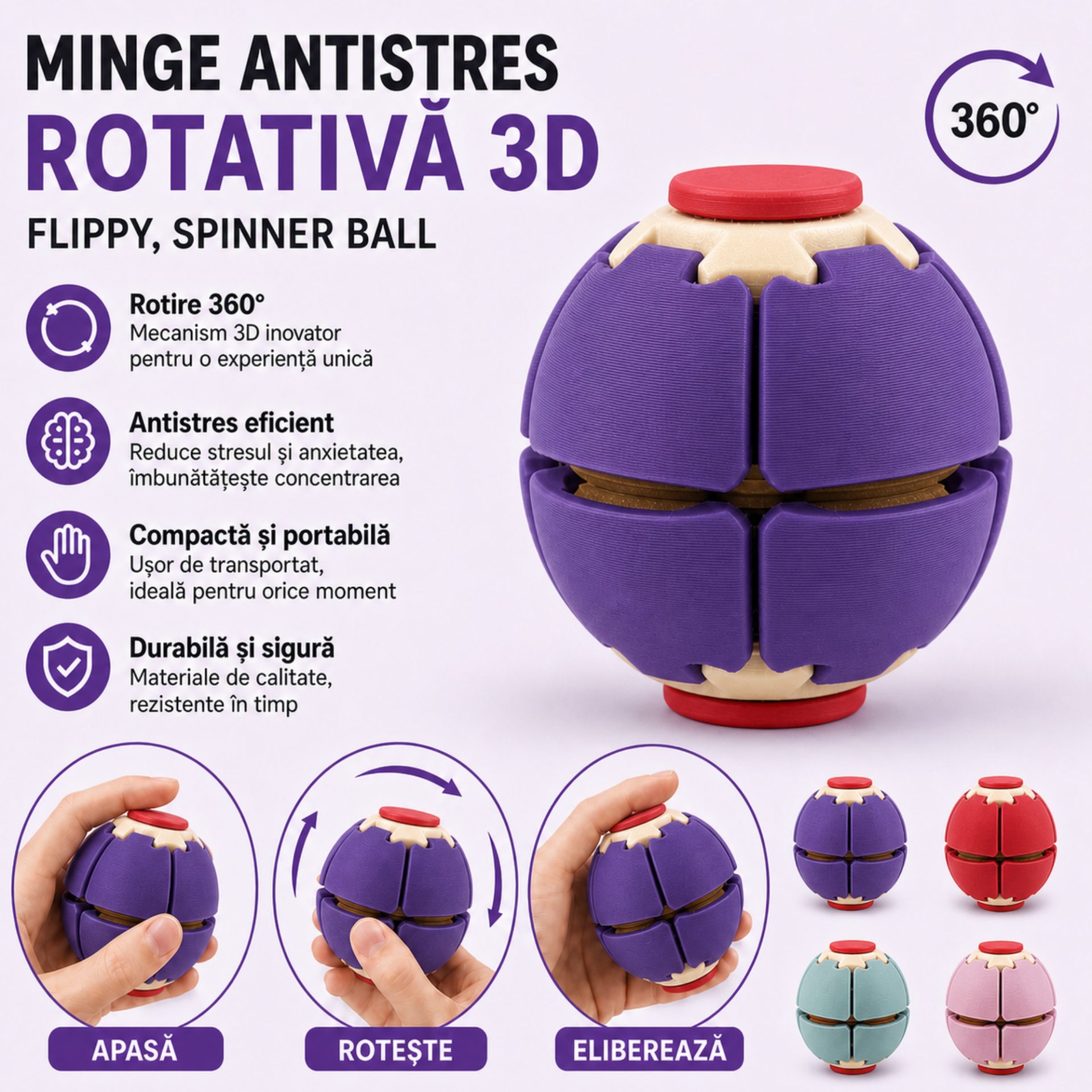 Minge Senzorială Antistres Rotativă 3D, , Tip Fidget Spinner, cu Sistem de Apăsare și Rotire, Design Interactiv, Mov 3