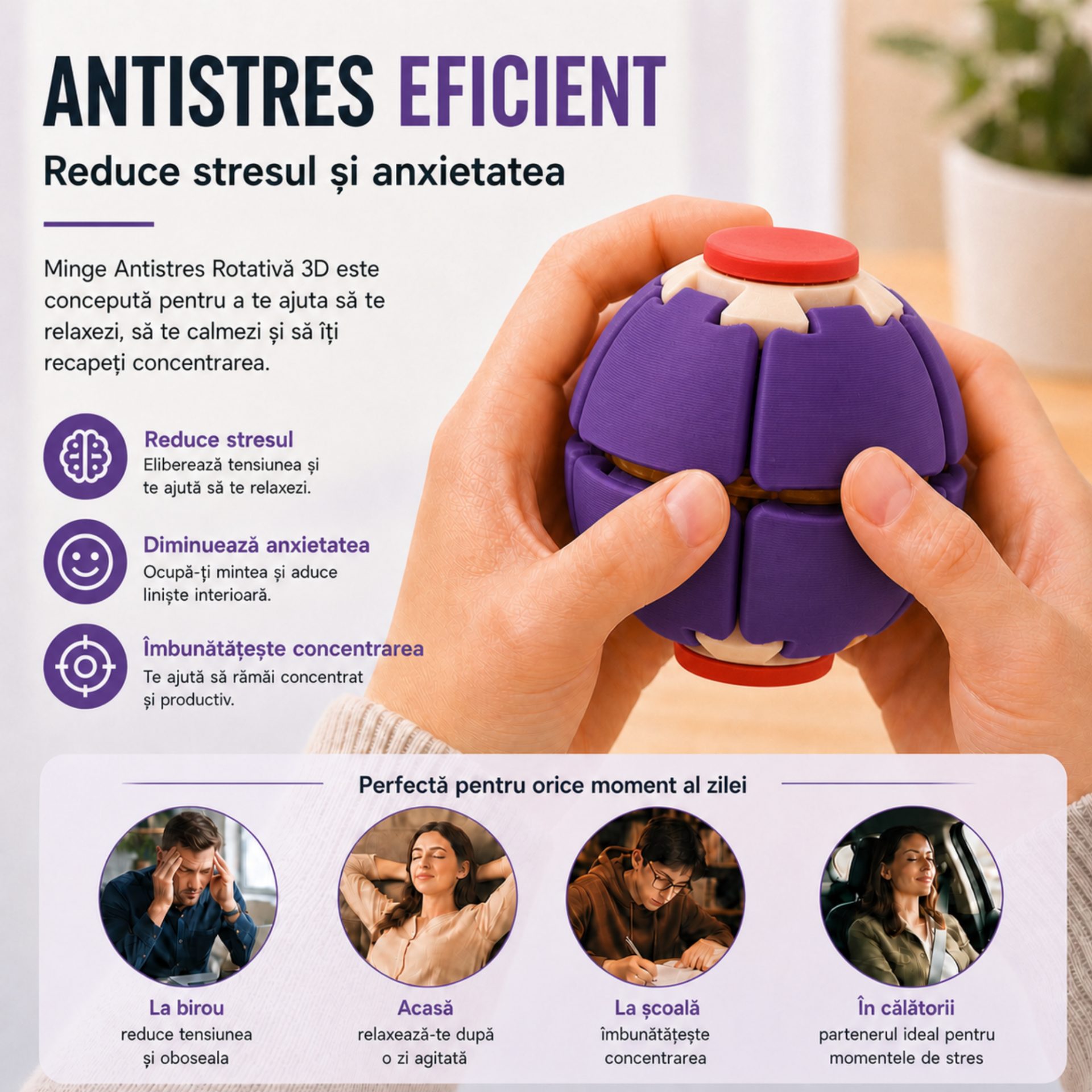 Minge Senzorială Antistres Rotativă 3D, , Tip Fidget Spinner, cu Sistem de Apăsare și Rotire, Design Interactiv, Mov 4