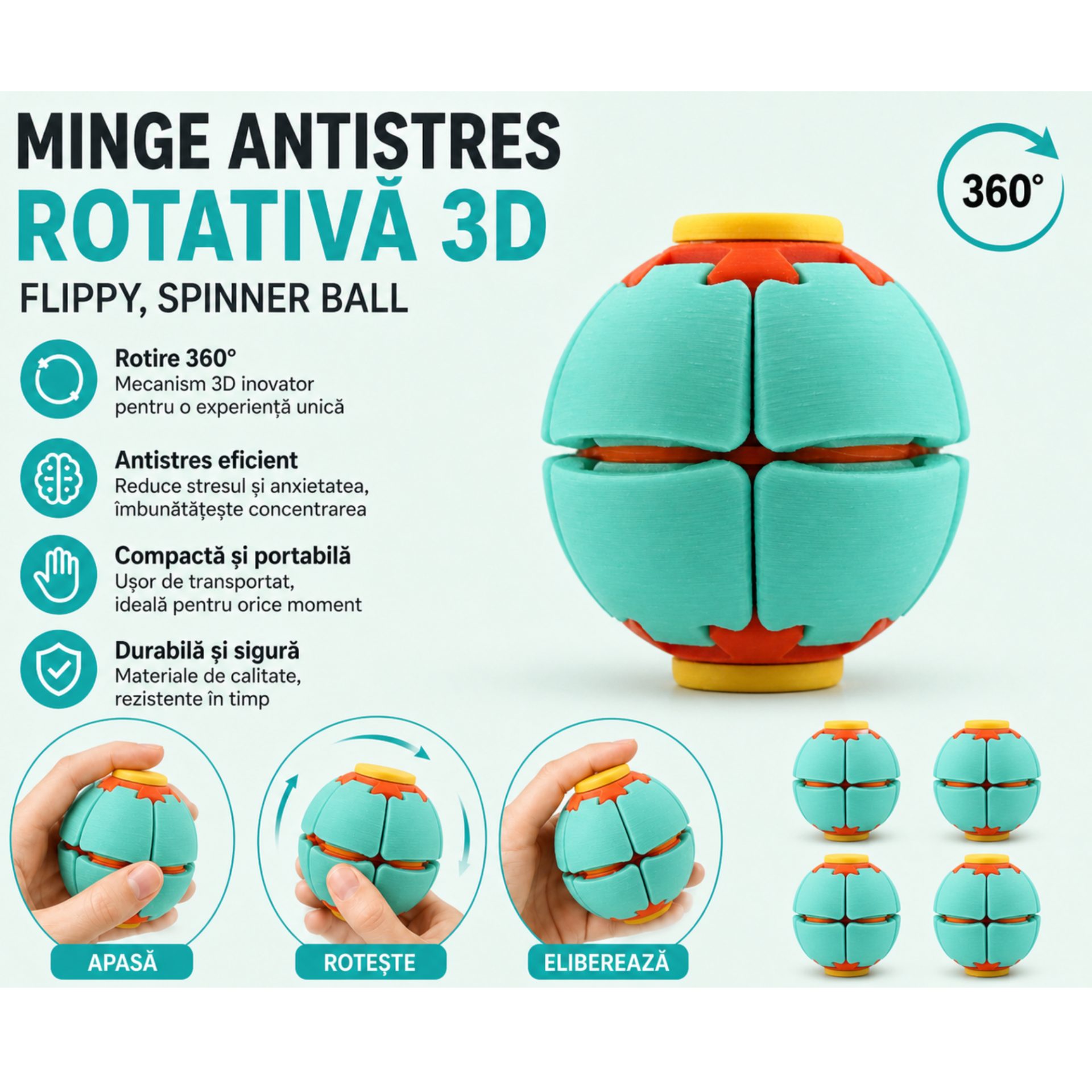 Minge Senzorială Antistres Rotativă 3D, , Tip Fidget Spinner, cu Sistem de Apăsare și Rotire, Design Interactiv, Tucraz 4