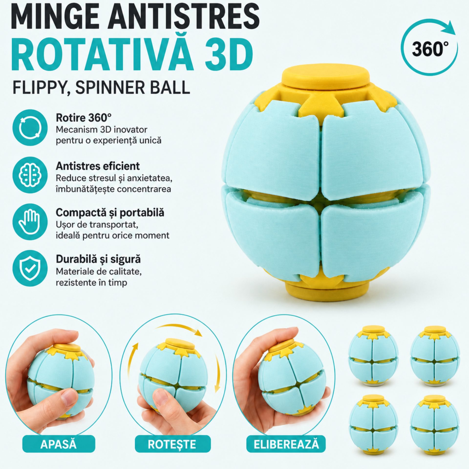 Minge Senzorială Antistres Rotativă 3D, , Tip Fidget Spinner, cu Sistem de Apăsare și Rotire, Design Interactiv, Albastru pastel 3