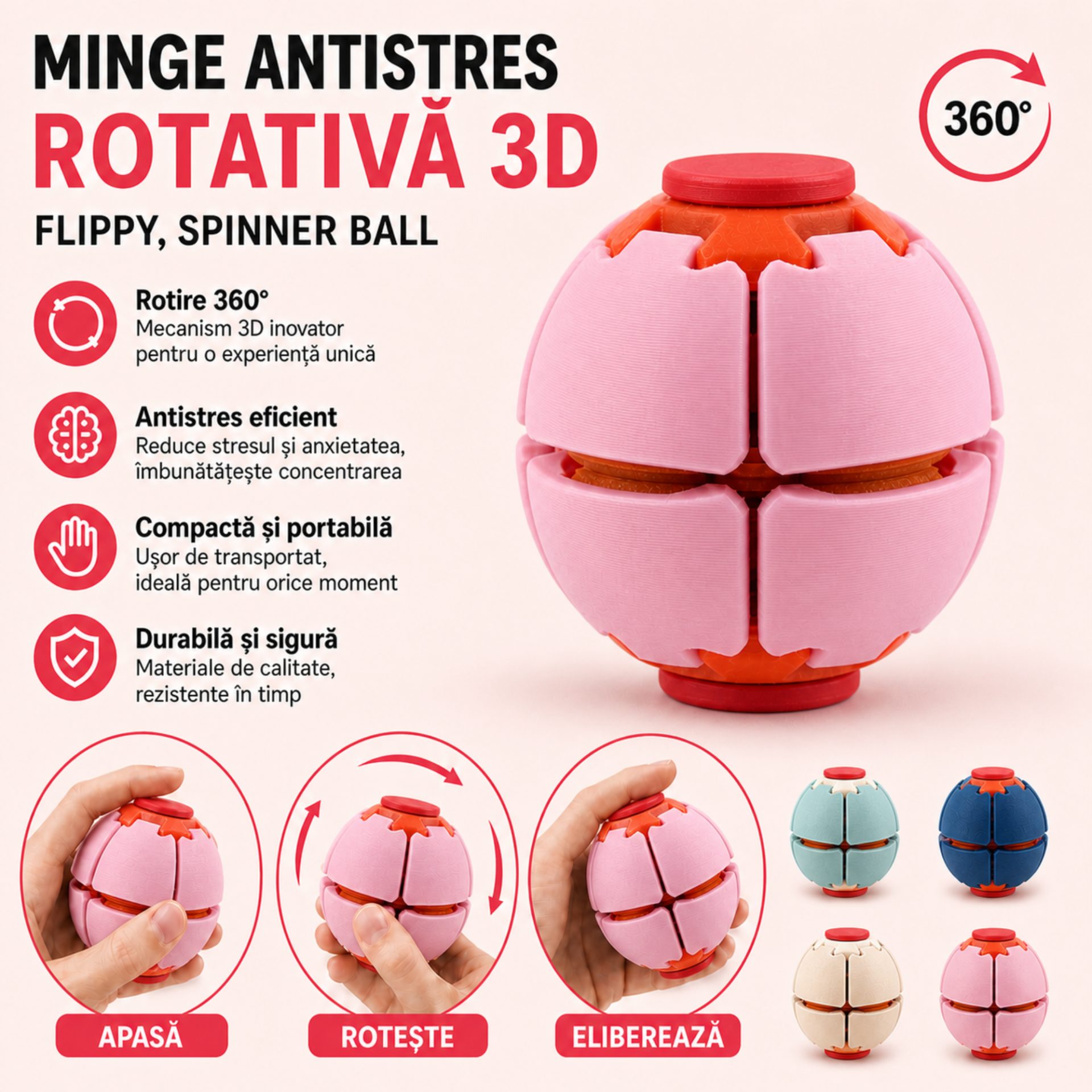 Minge Senzorială Antistres Rotativă 3D, , Tip Fidget Spinner, cu Sistem de Apăsare și Rotire, Design Interactiv, Roz 3