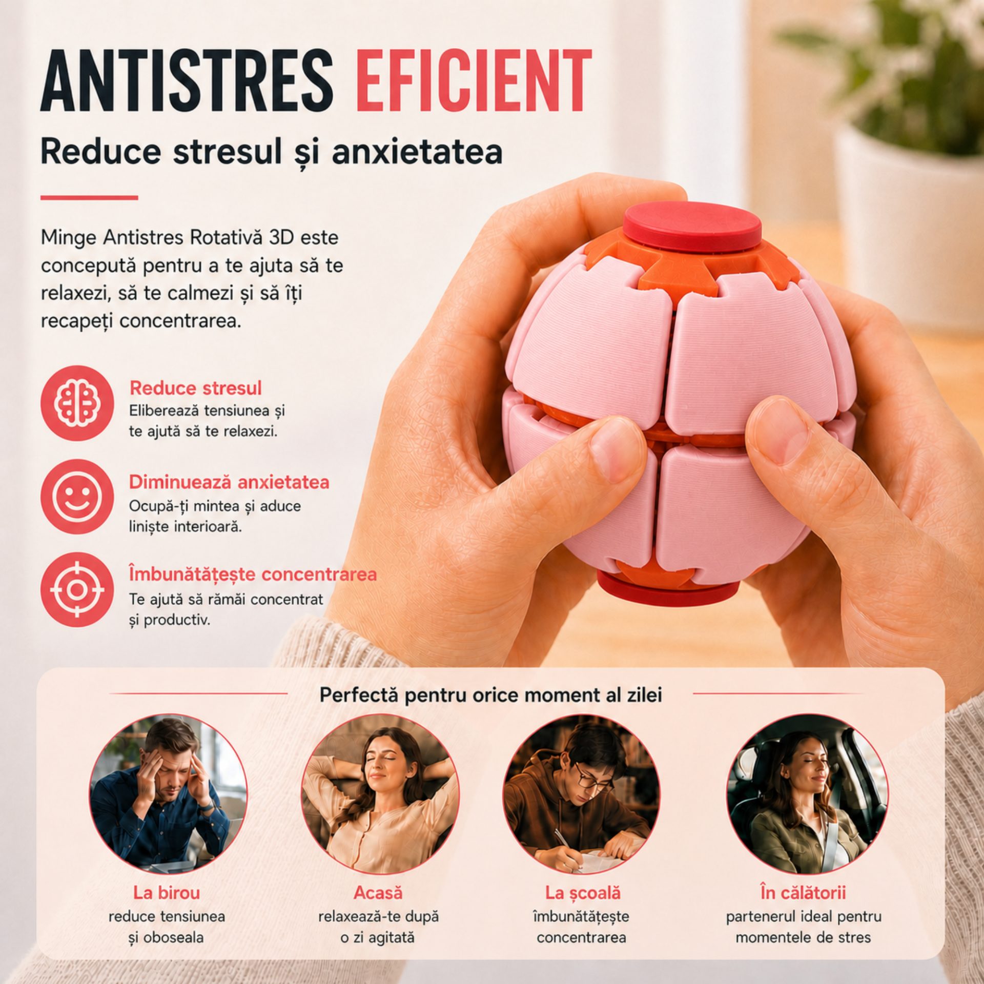 Minge Senzorială Antistres Rotativă 3D, , Tip Fidget Spinner, cu Sistem de Apăsare și Rotire, Design Interactiv, Roz 4
