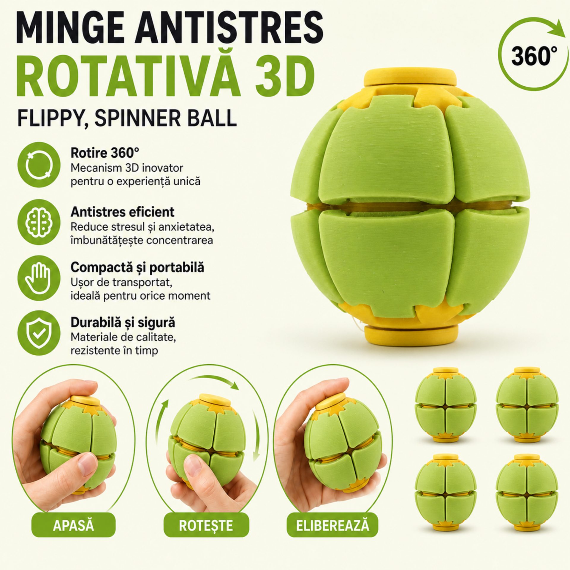 Minge Senzorială Antistres Rotativă 3D, , Tip Fidget Spinner, cu Sistem de Apăsare și Rotire, Design Interactiv, Verde/Galben 2