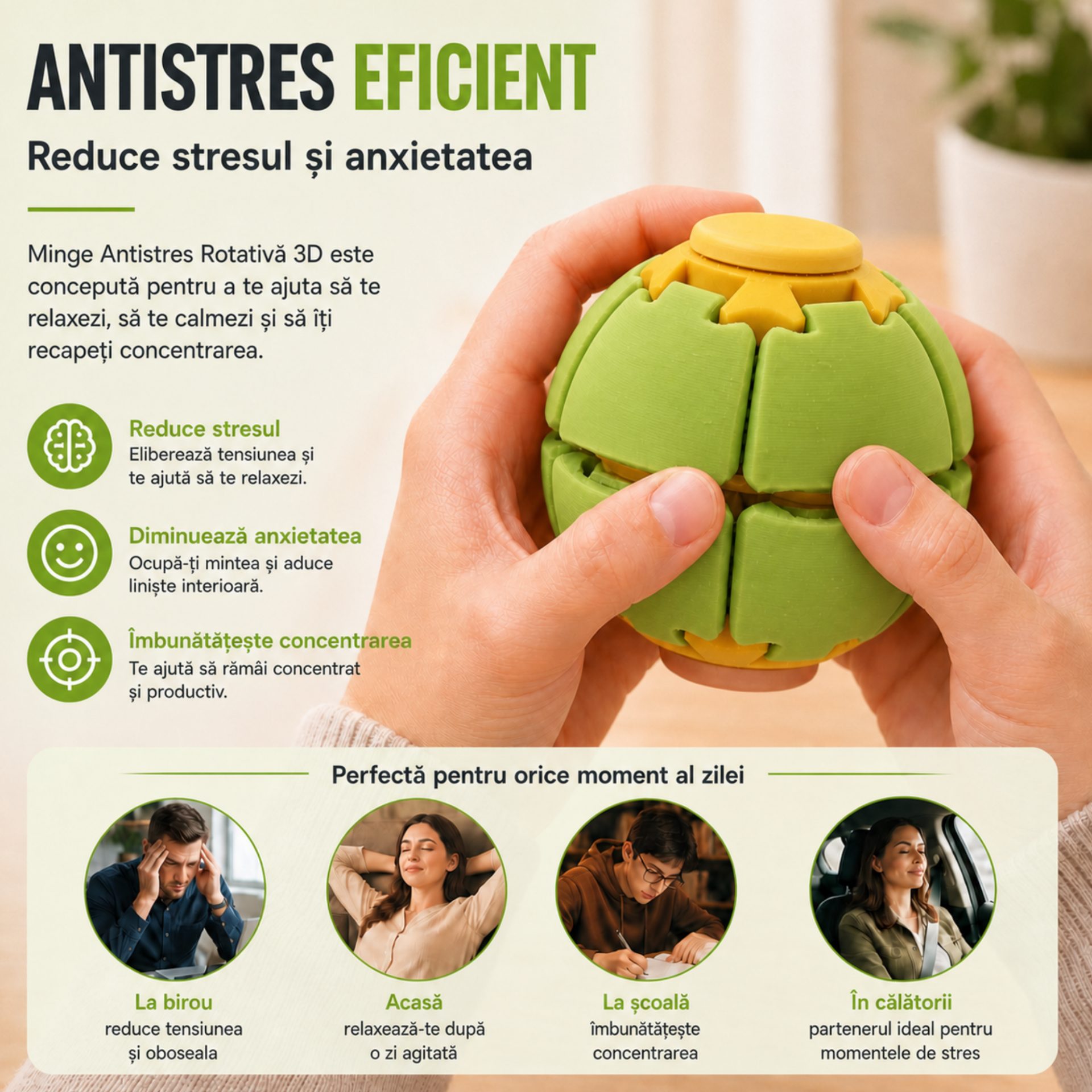 Minge Senzorială Antistres Rotativă 3D, , Tip Fidget Spinner, cu Sistem de Apăsare și Rotire, Design Interactiv, Verde/Galben 3