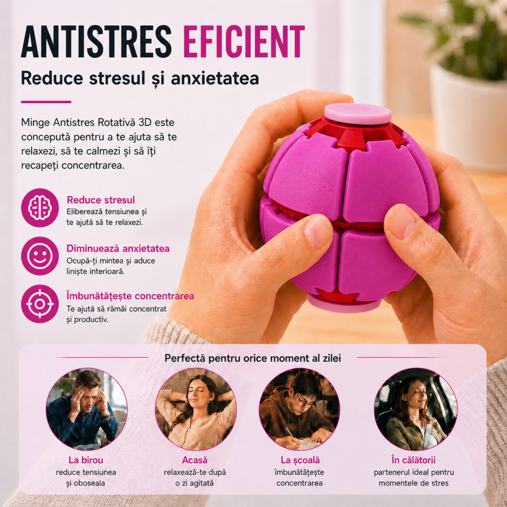 Minge Senzorială Antistres Rotativă 3D, , Tip Fidget Spinner, cu Sistem de Apăsare și Rotire, Design Interactiv, Fucsia 3