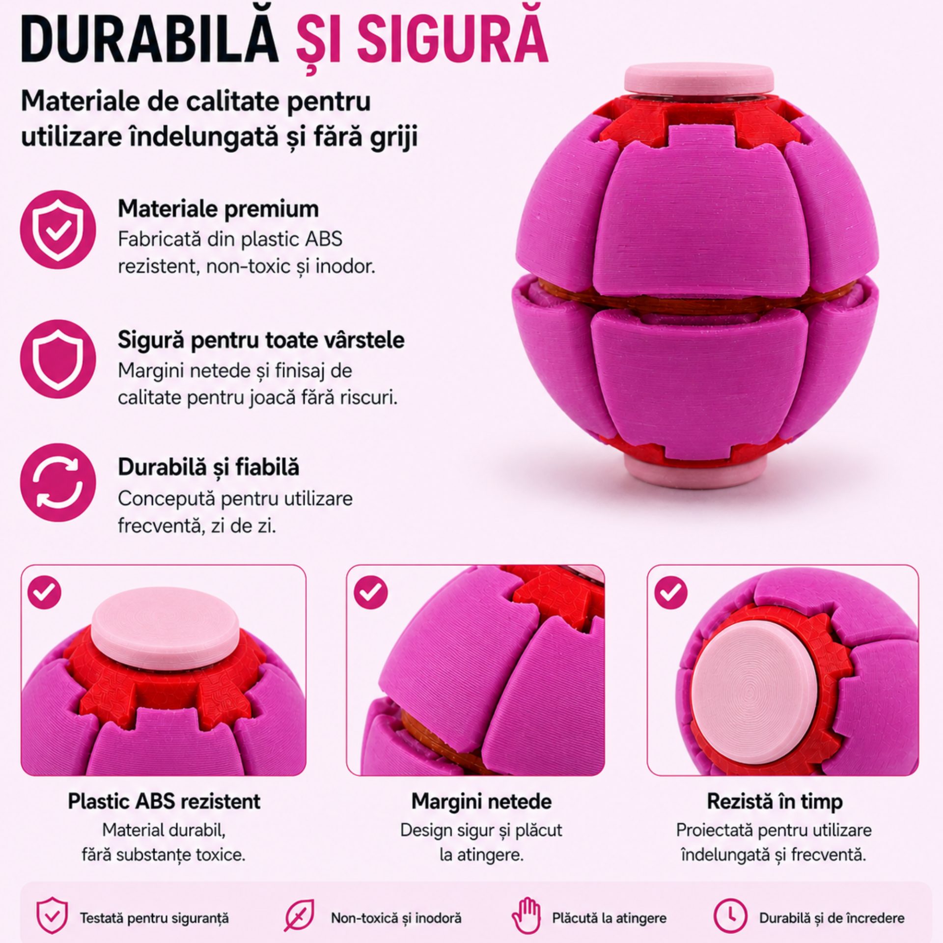 Minge Senzorială Antistres Rotativă 3D, , Tip Fidget Spinner, cu Sistem de Apăsare și Rotire, Design Interactiv, Fucsia 4