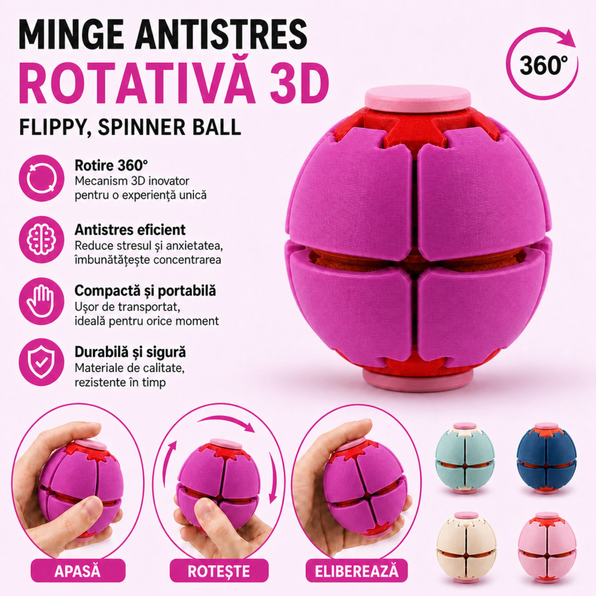 Minge Senzorială Antistres Rotativă 3D, , Tip Fidget Spinner, cu Sistem de Apăsare și Rotire, Design Interactiv, Fucsia 2
