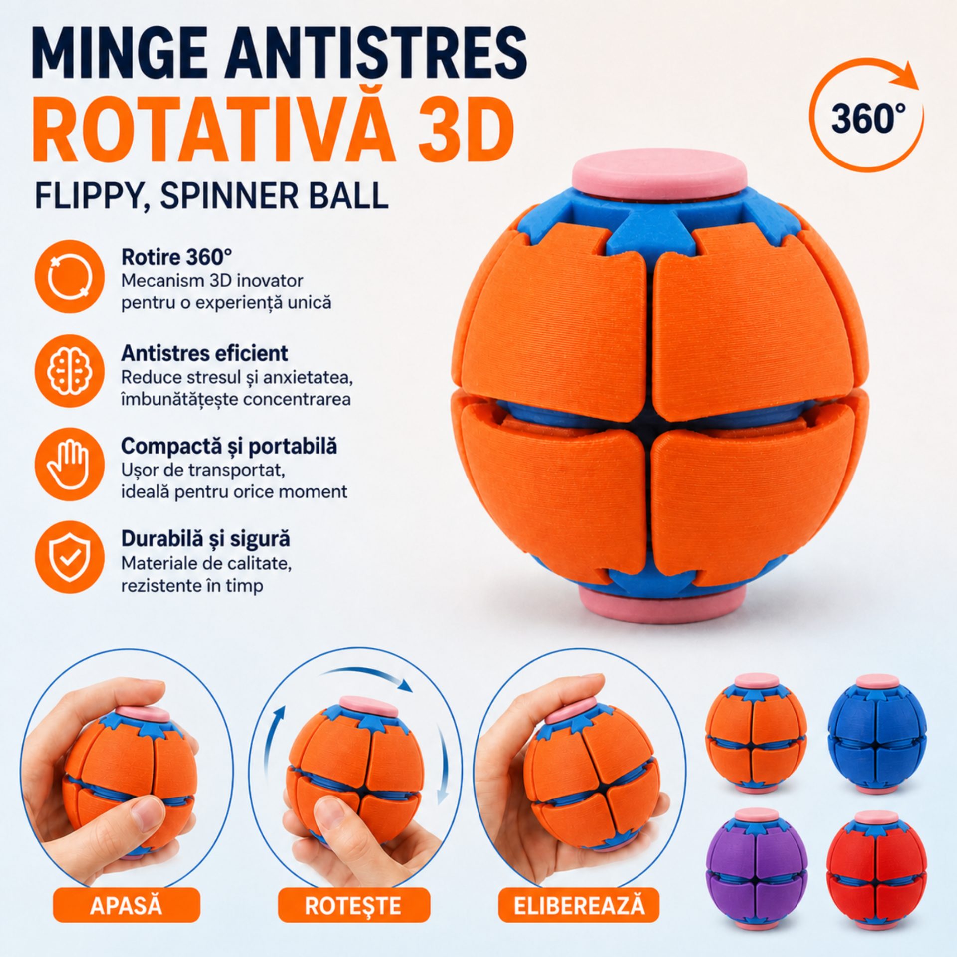 Minge Senzorială Antistres Rotativă 3D, , Tip Fidget Spinner, cu Sistem de Apăsare și Rotire, Design Interactiv, Rosu aprins 3