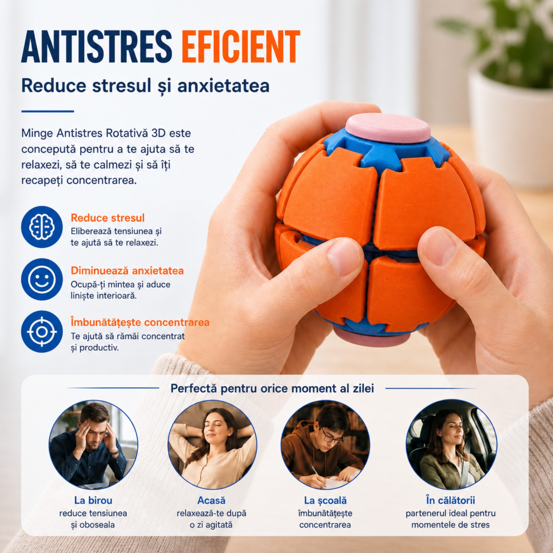 Minge Senzorială Antistres Rotativă 3D, , Tip Fidget Spinner, cu Sistem de Apăsare și Rotire, Design Interactiv, Rosu aprins 4