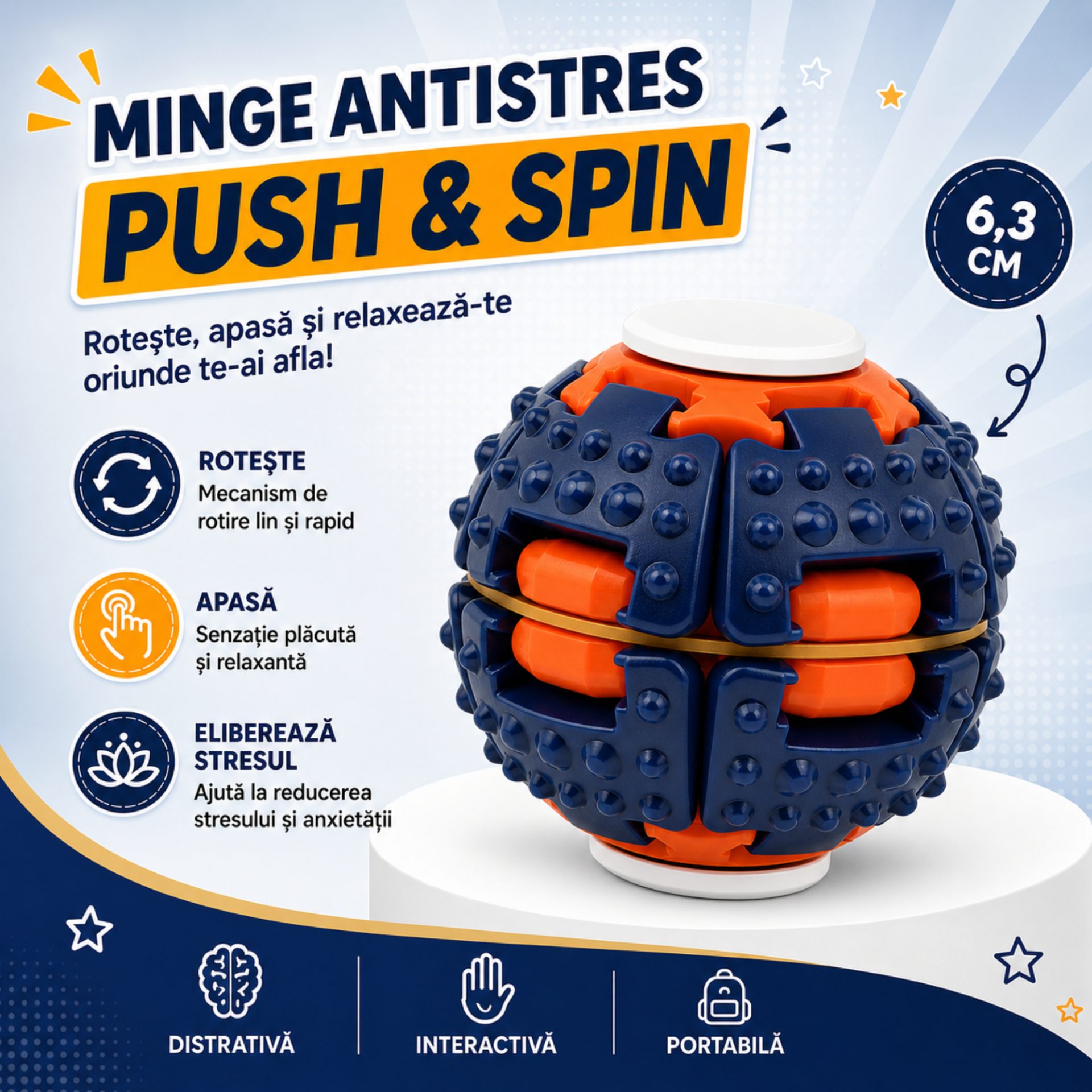 Jucarie Antistres Rotativa, , Model Minge Push and Spin, Rotire Manuala, Structura 3D Interactiva, Relaxare si Indemanare, 6.3 cm, Navy 3
