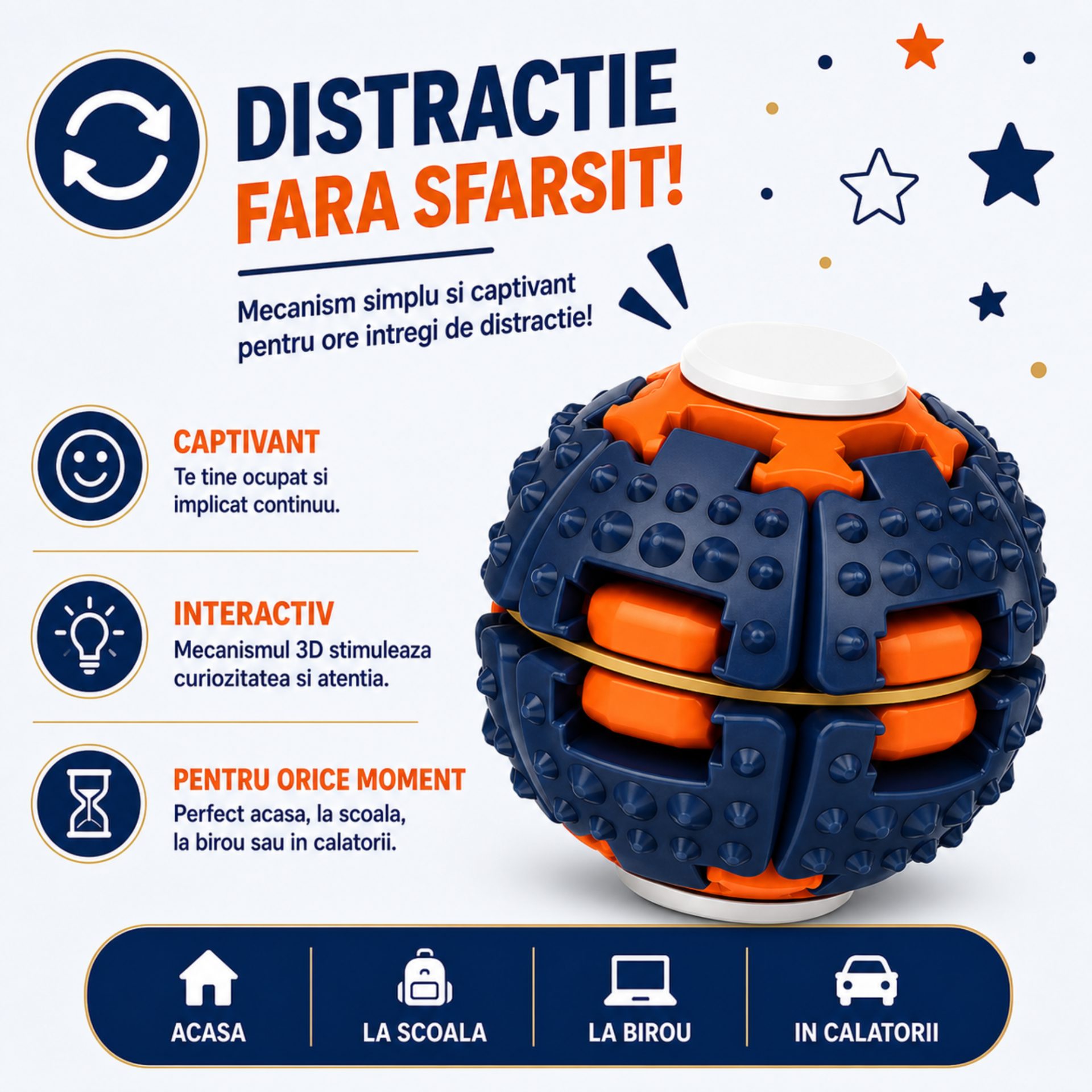 Jucarie Antistres Rotativa, , Model Minge Push and Spin, Rotire Manuala, Structura 3D Interactiva, Relaxare si Indemanare, 6.3 cm, Navy 5