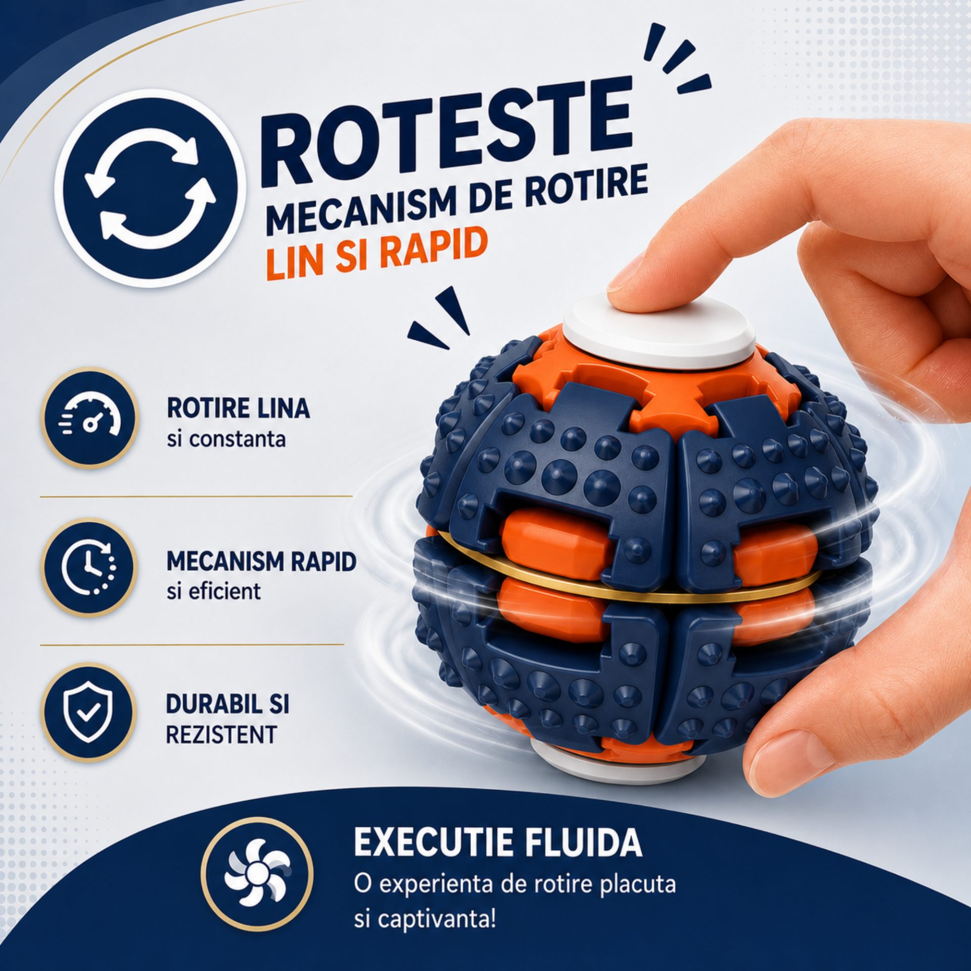 Jucarie Antistres Rotativa, , Model Minge Push and Spin, Rotire Manuala, Structura 3D Interactiva, Relaxare si Indemanare, 6.3 cm, Navy 4