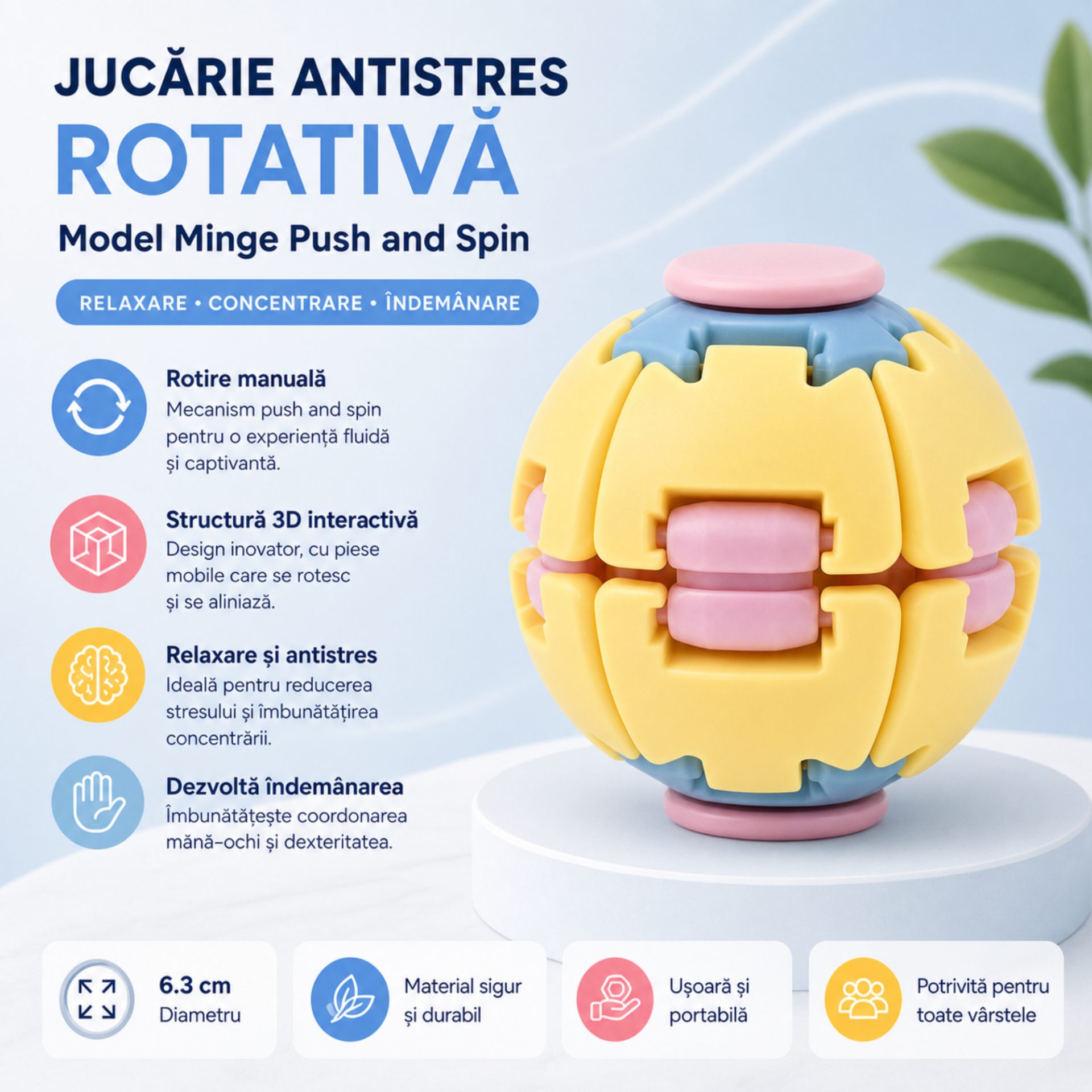 Jucarie Antistres Rotativa, , Model Minge Push and Spin, Rotire Manuala, Structura 3D Interactiva, Relaxare si Indemanare, 6.3 cm, Galben si roz 2