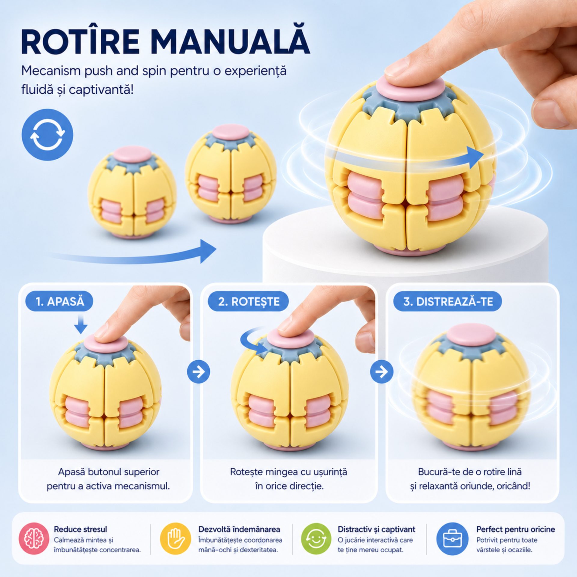 Jucarie Antistres Rotativa, , Model Minge Push and Spin, Rotire Manuala, Structura 3D Interactiva, Relaxare si Indemanare, 6.3 cm, Galben si roz 4