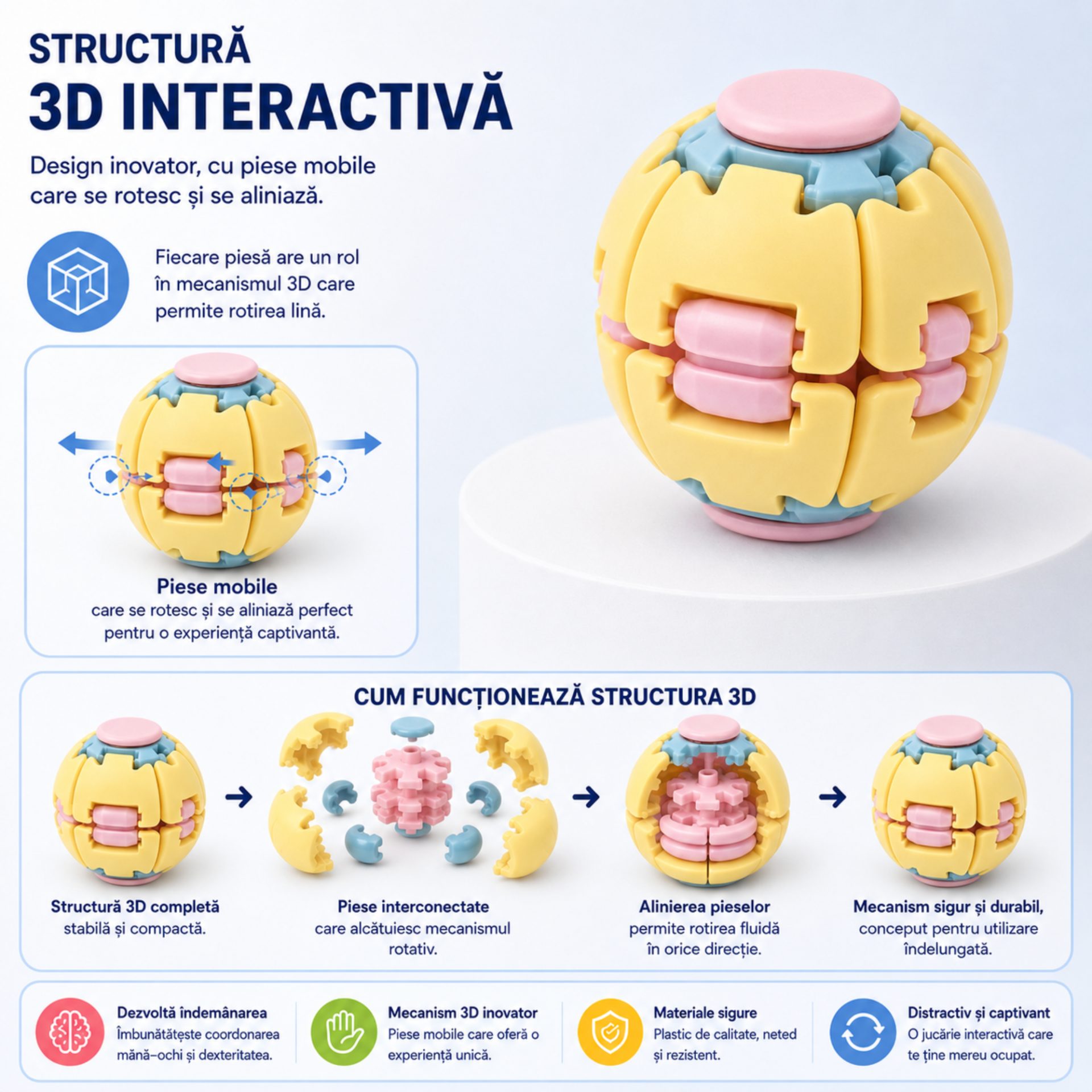Jucarie Antistres Rotativa, , Model Minge Push and Spin, Rotire Manuala, Structura 3D Interactiva, Relaxare si Indemanare, 6.3 cm, Galben si roz 3