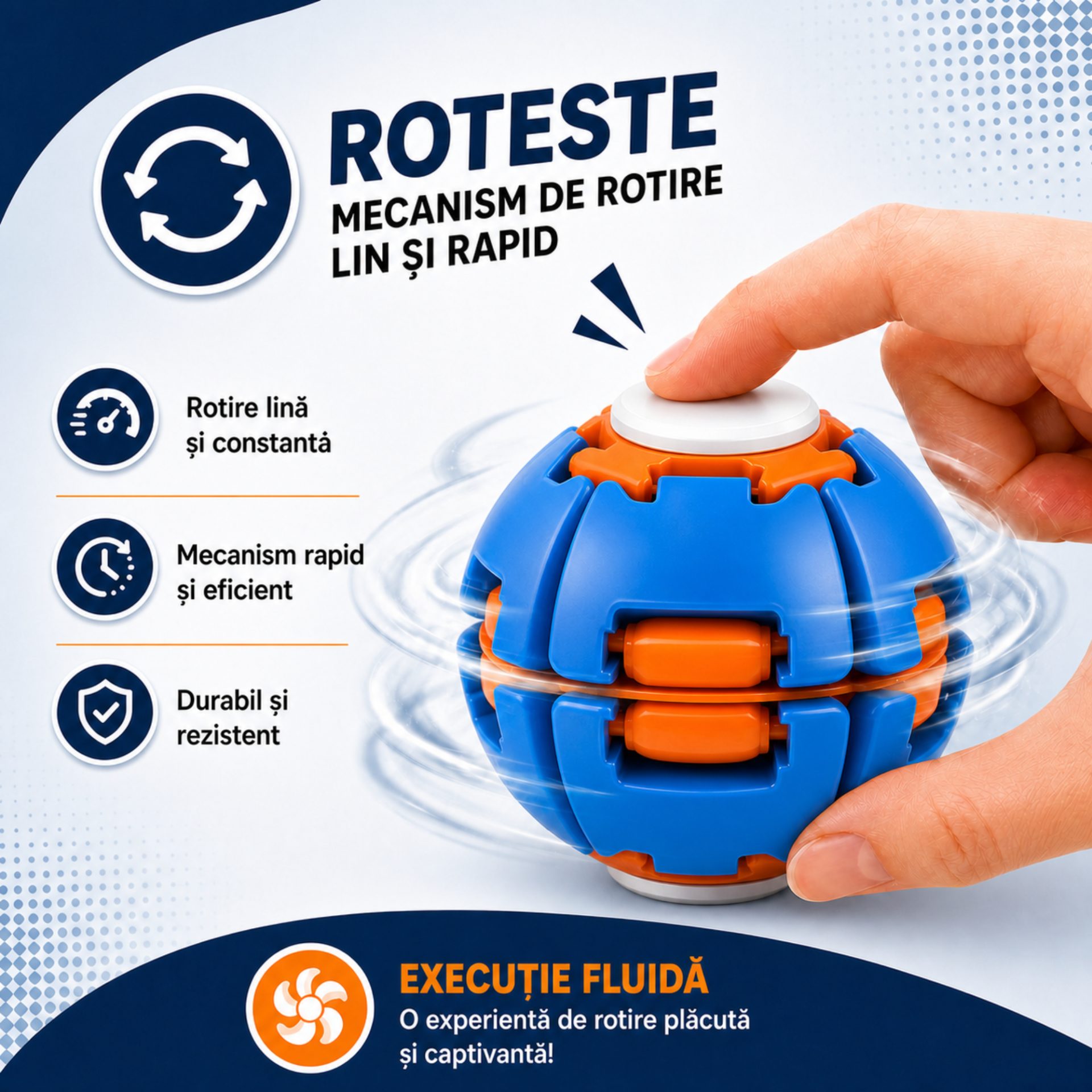 Jucarie Antistres Rotativa, , Model Minge Push and Spin, Rotire Manuala, Structura 3D Interactiva, Relaxare si Indemanare, 6.3 cm, Albastru metalizat 2