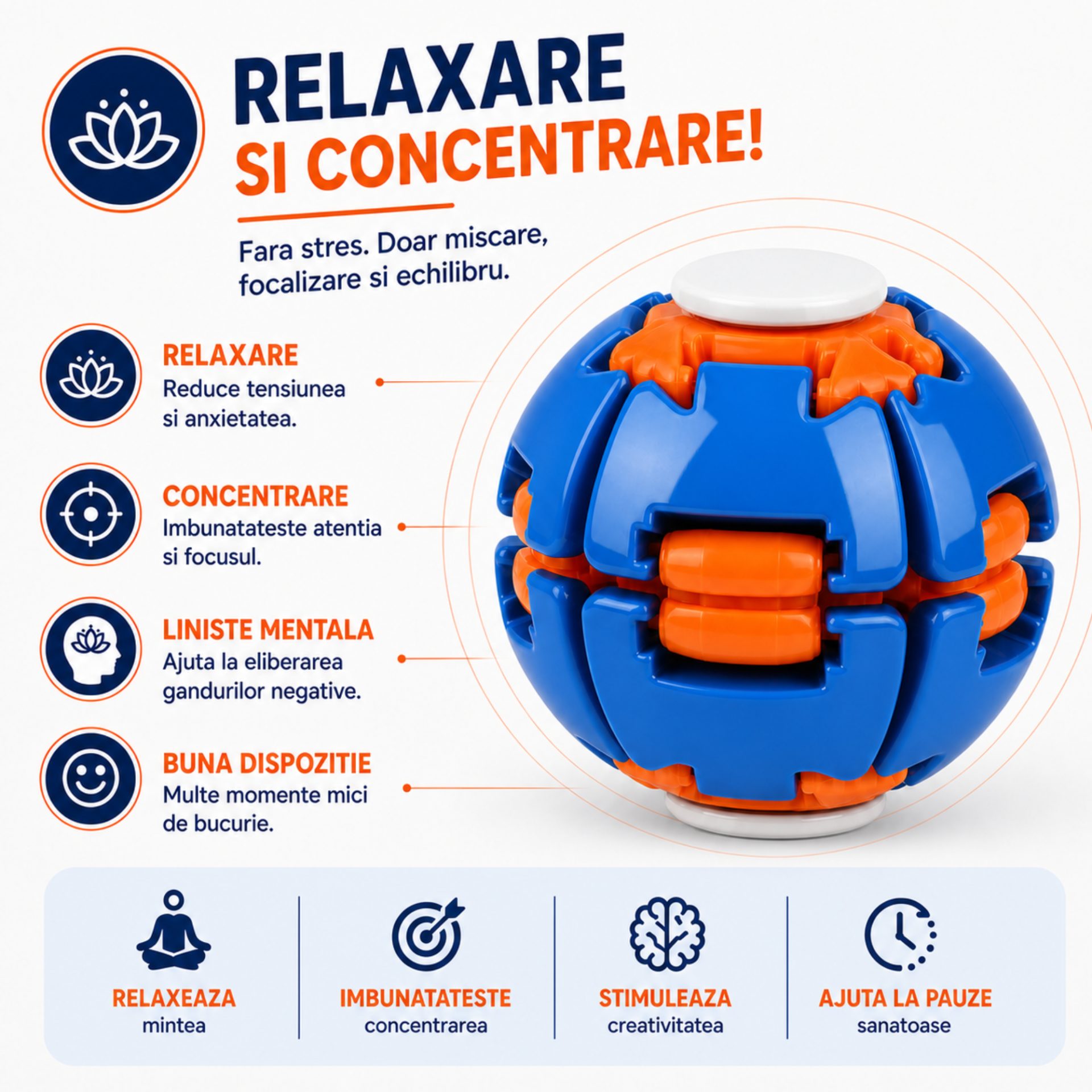 Jucarie Antistres Rotativa, , Model Minge Push and Spin, Rotire Manuala, Structura 3D Interactiva, Relaxare si Indemanare, 6.3 cm, Albastru metalizat 3