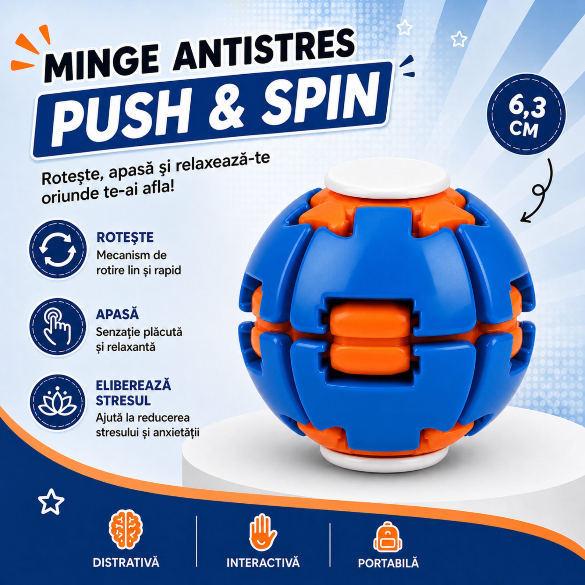 Jucarie Antistres Rotativa, , Model Minge Push and Spin, Rotire Manuala, Structura 3D Interactiva, Relaxare si Indemanare, 6.3 cm, Albastru metalizat 5
