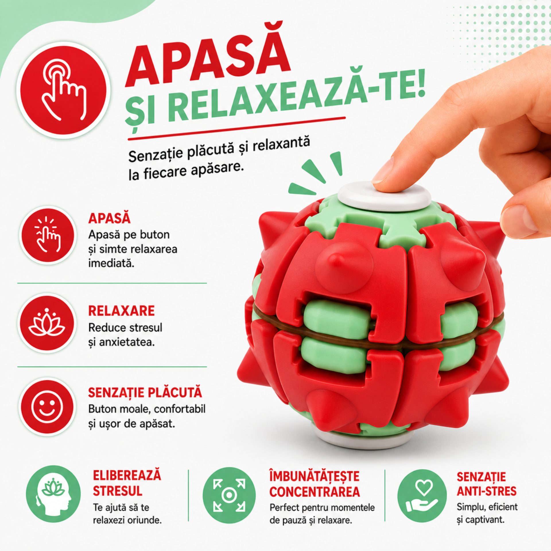 Jucarie Antistres Rotativa, , Model Minge Push and Spin, Rotire Manuala, Structura 3D Interactiva, Relaxare si Indemanare, 6.3 cm, Rosu si verde 4