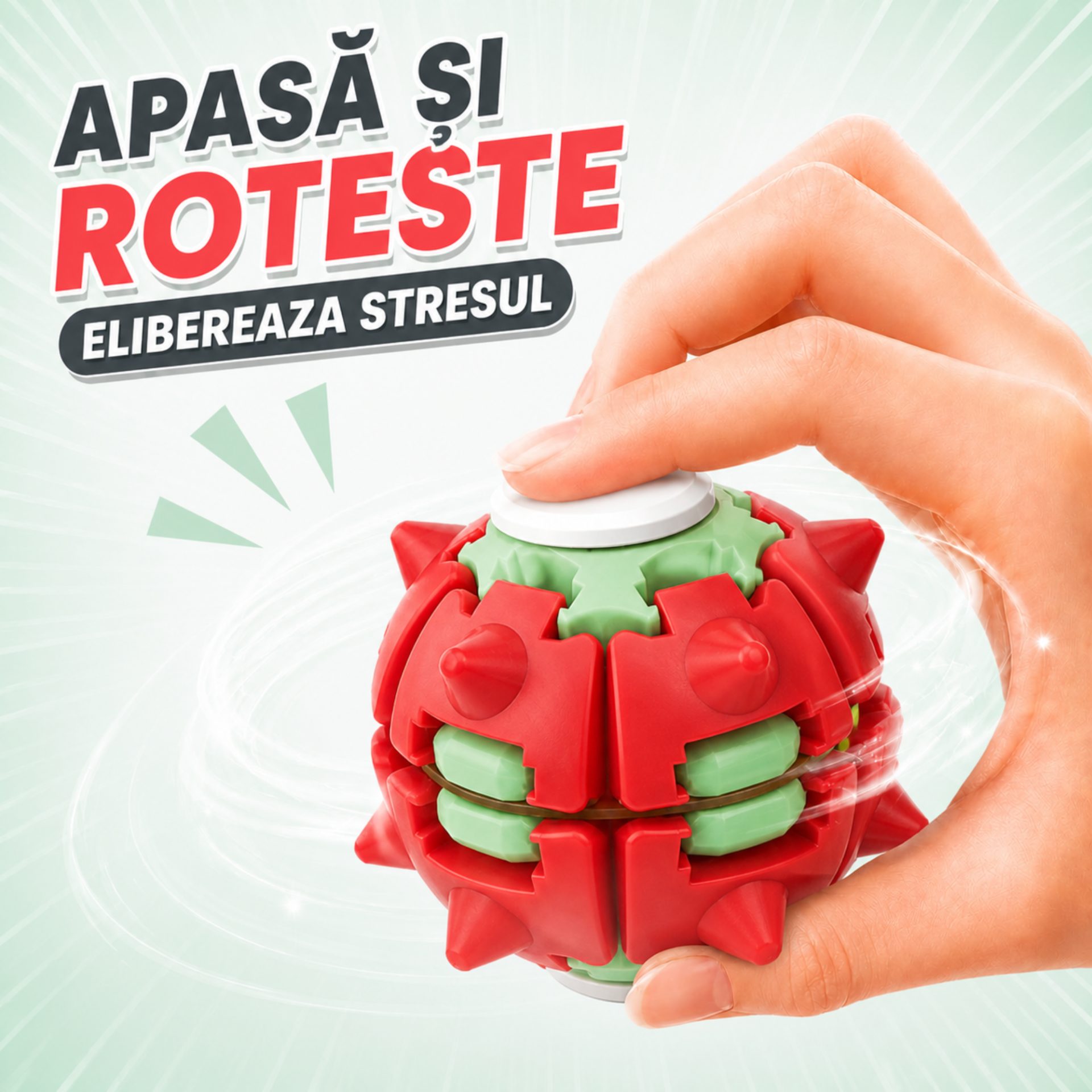 Jucarie Antistres Rotativa, , Model Minge Push and Spin, Rotire Manuala, Structura 3D Interactiva, Relaxare si Indemanare, 6.3 cm, Rosu si verde 5