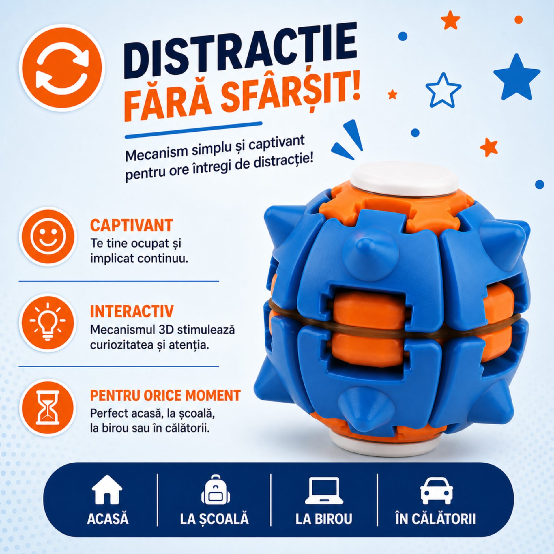 Jucarie Antistres Rotativa, , Model Minge Push and Spin, Rotire Manuala, Structura 3D Interactiva, Relaxare si Indemanare, 6.3 cm, Albastru inchis si Portocaliu 3