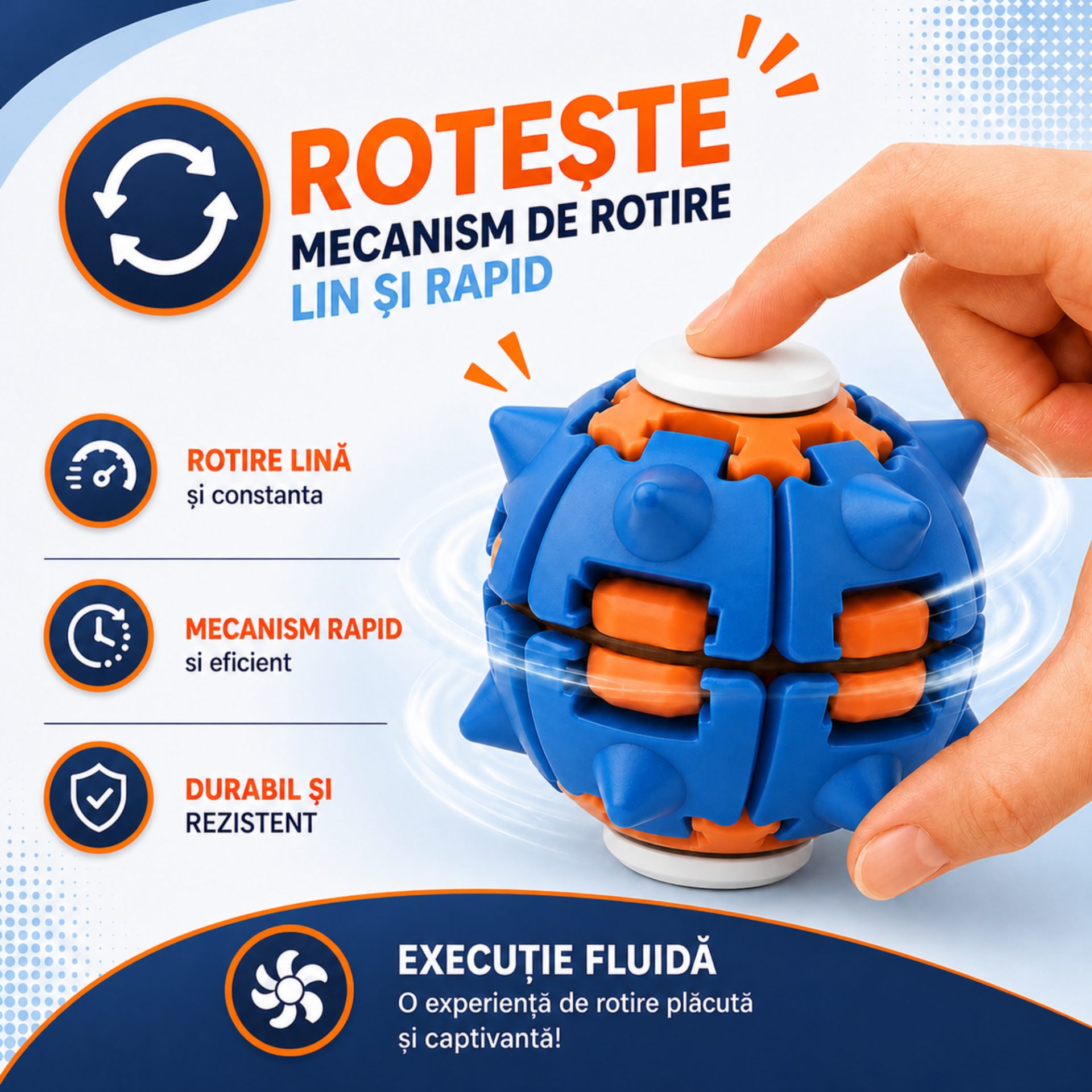 Jucarie Antistres Rotativa, , Model Minge Push and Spin, Rotire Manuala, Structura 3D Interactiva, Relaxare si Indemanare, 6.3 cm, Albastru inchis si Portocaliu 4