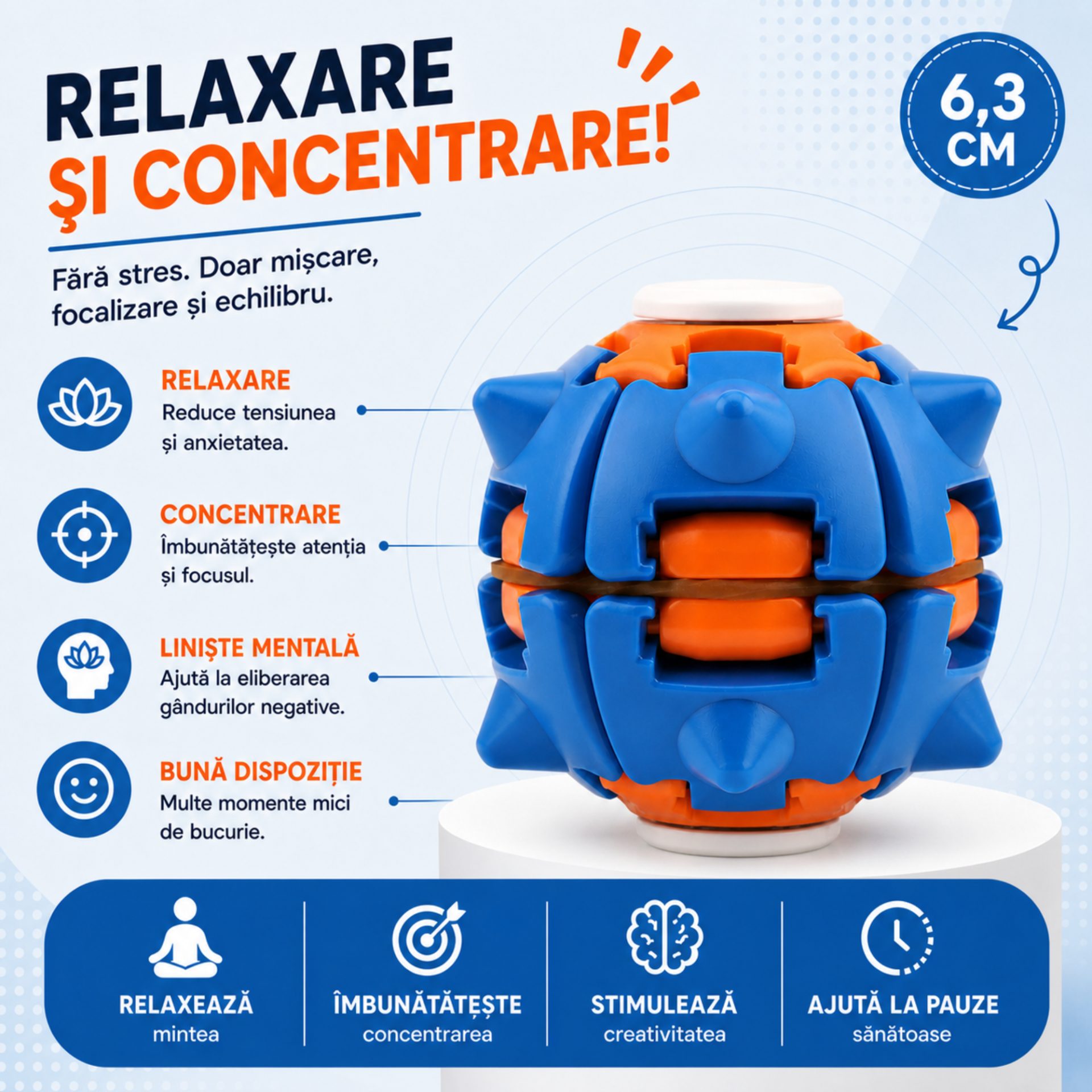 Jucarie Antistres Rotativa, , Model Minge Push and Spin, Rotire Manuala, Structura 3D Interactiva, Relaxare si Indemanare, 6.3 cm, Albastru inchis si Portocaliu 2