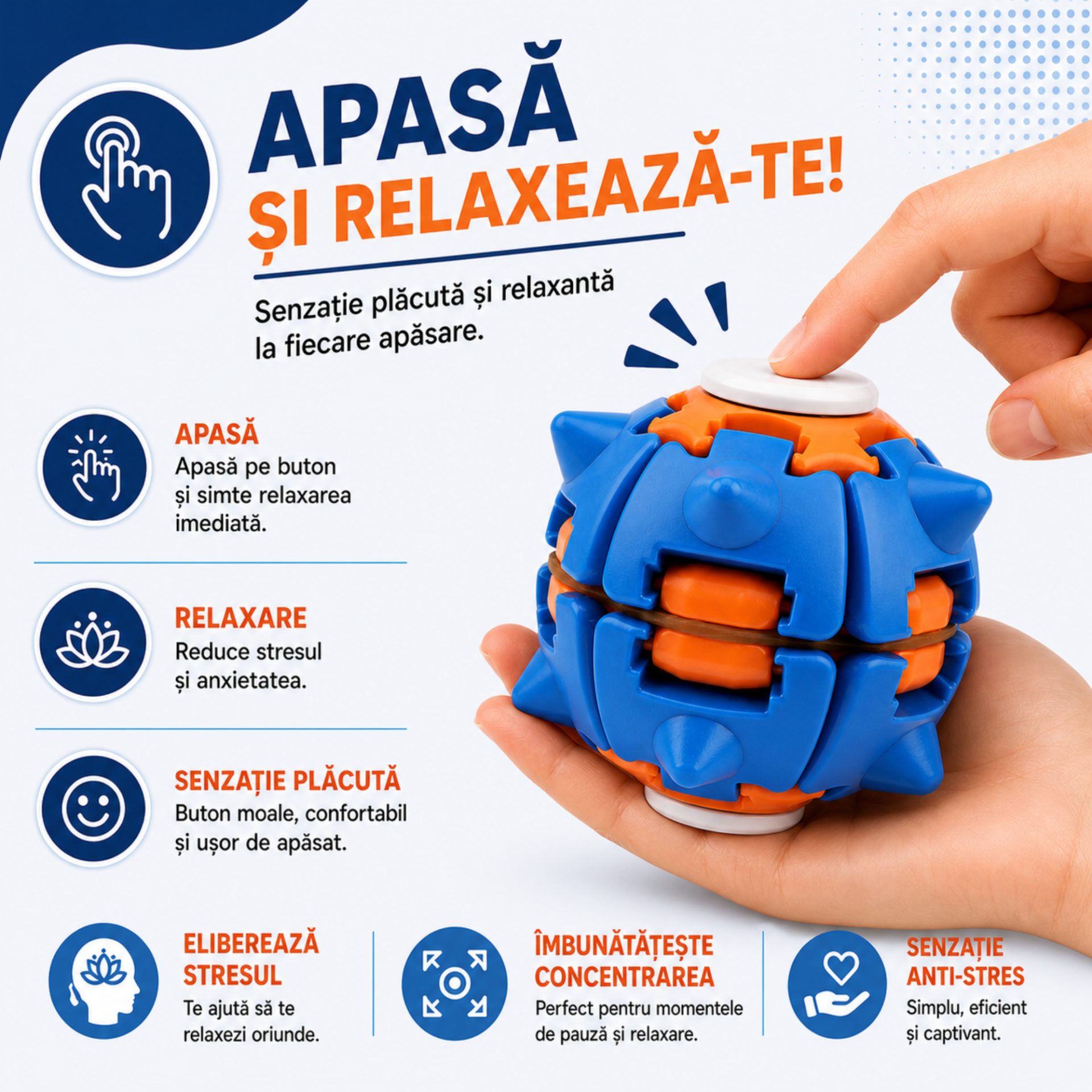 Jucarie Antistres Rotativa, , Model Minge Push and Spin, Rotire Manuala, Structura 3D Interactiva, Relaxare si Indemanare, 6.3 cm, Albastru inchis si Portocaliu 5