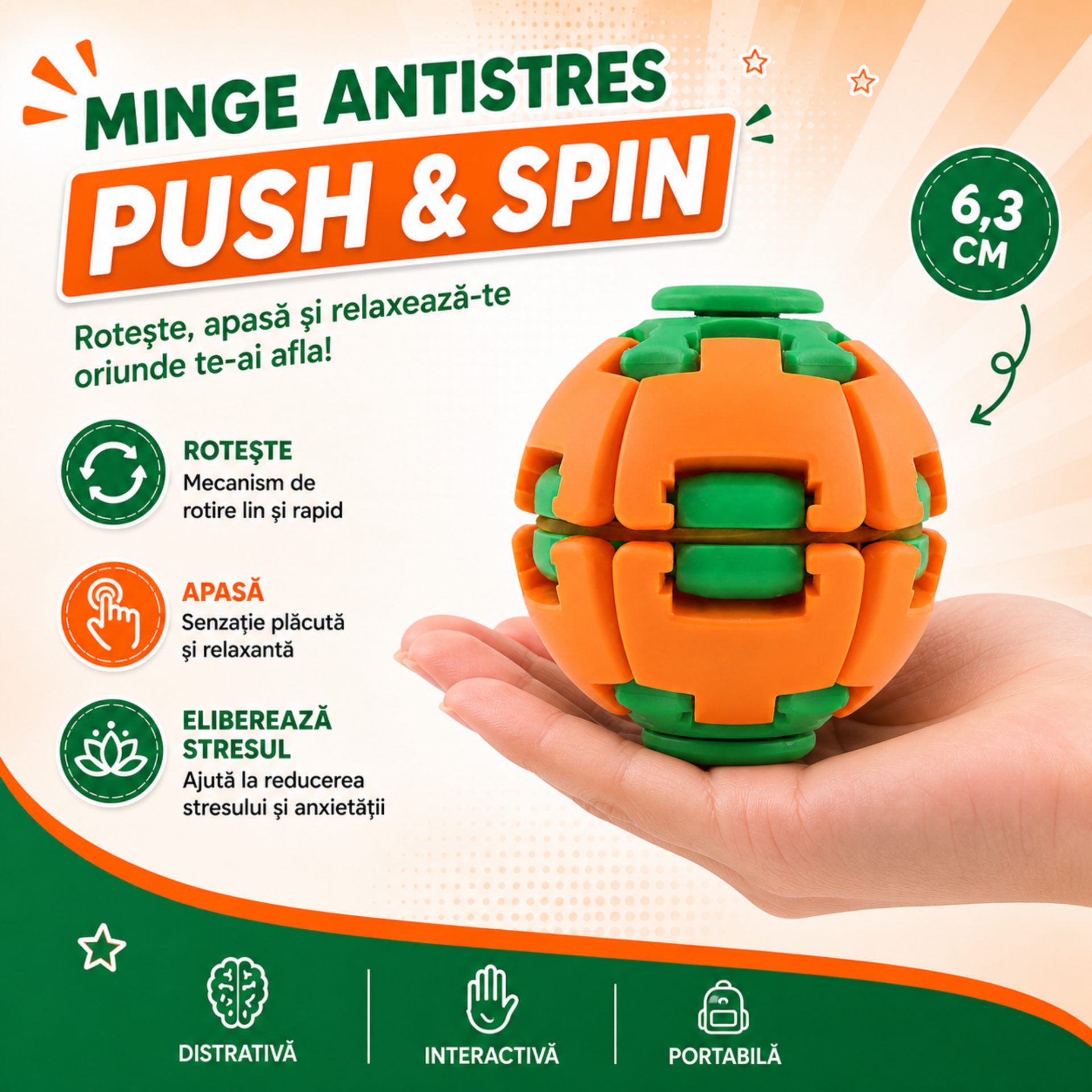 Jucarie Antistres Rotativa, , Model Minge Push and Spin, Rotire Manuala, Structura 3D Interactiva, Relaxare si Indemanare, 6.3 cm, Portocaliu/verde 4