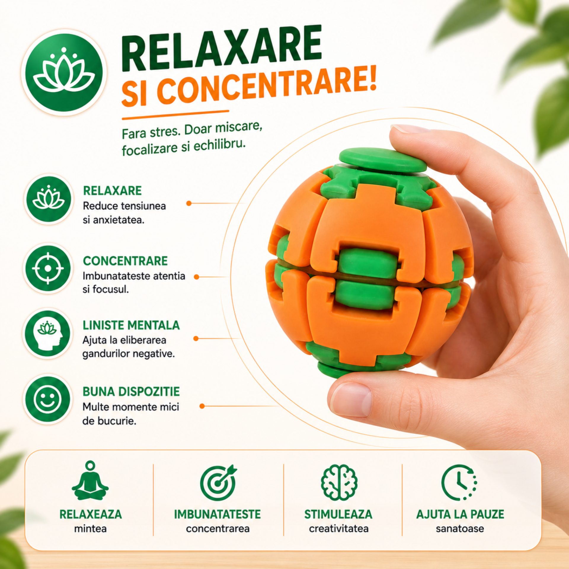 Jucarie Antistres Rotativa, , Model Minge Push and Spin, Rotire Manuala, Structura 3D Interactiva, Relaxare si Indemanare, 6.3 cm, Portocaliu/verde 2