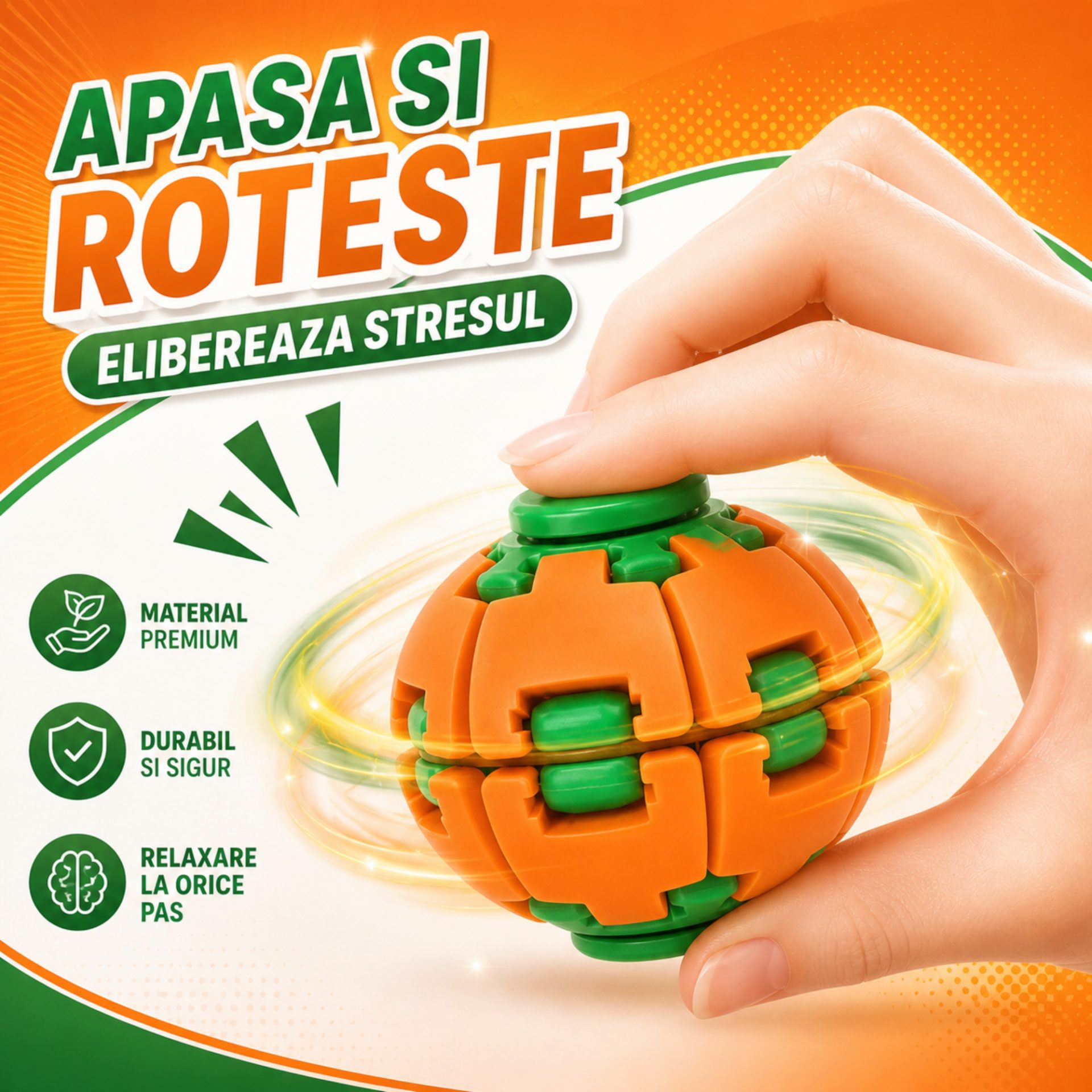 Jucarie Antistres Rotativa, , Model Minge Push and Spin, Rotire Manuala, Structura 3D Interactiva, Relaxare si Indemanare, 6.3 cm, Portocaliu/verde 3