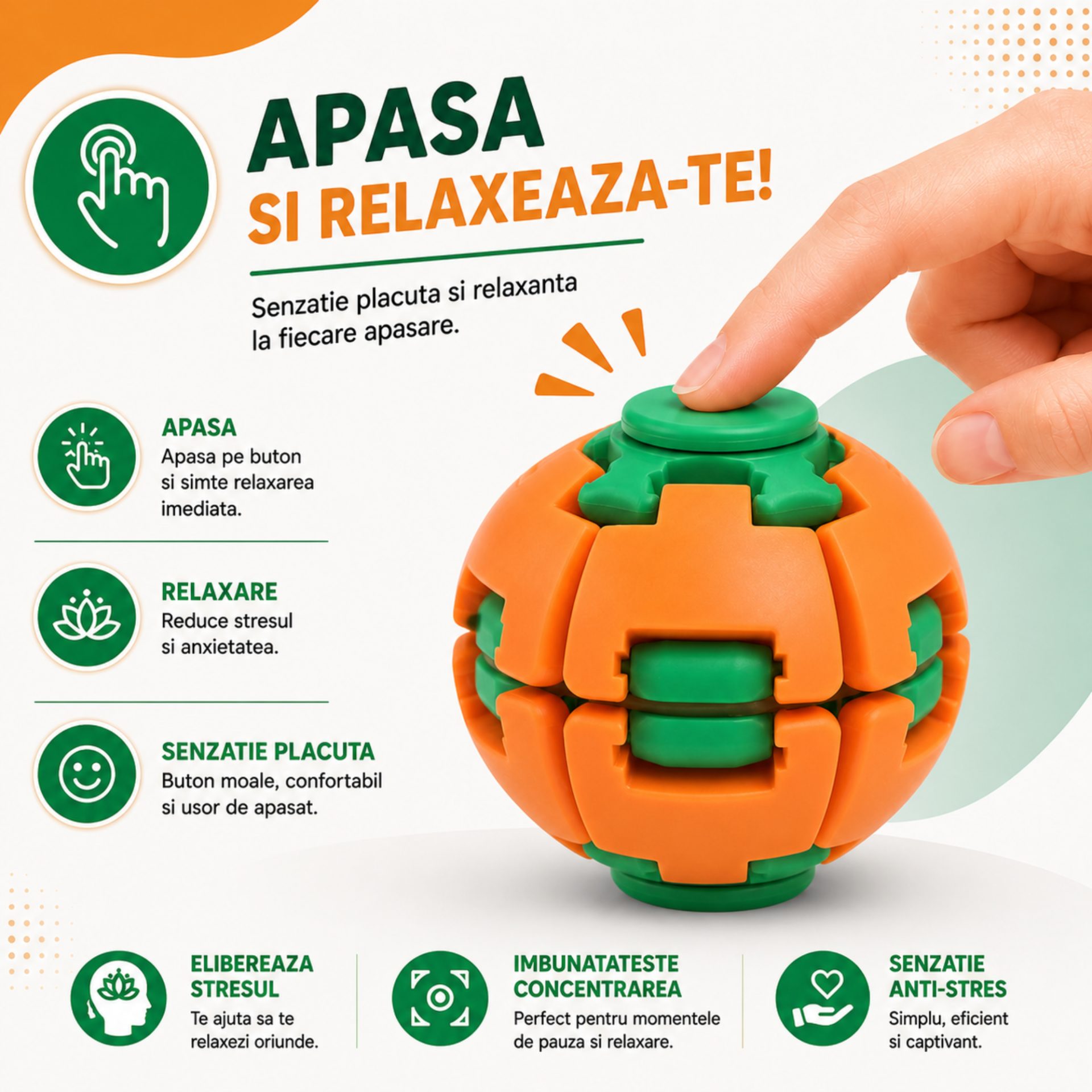 Jucarie Antistres Rotativa, , Model Minge Push and Spin, Rotire Manuala, Structura 3D Interactiva, Relaxare si Indemanare, 6.3 cm, Portocaliu/verde 5