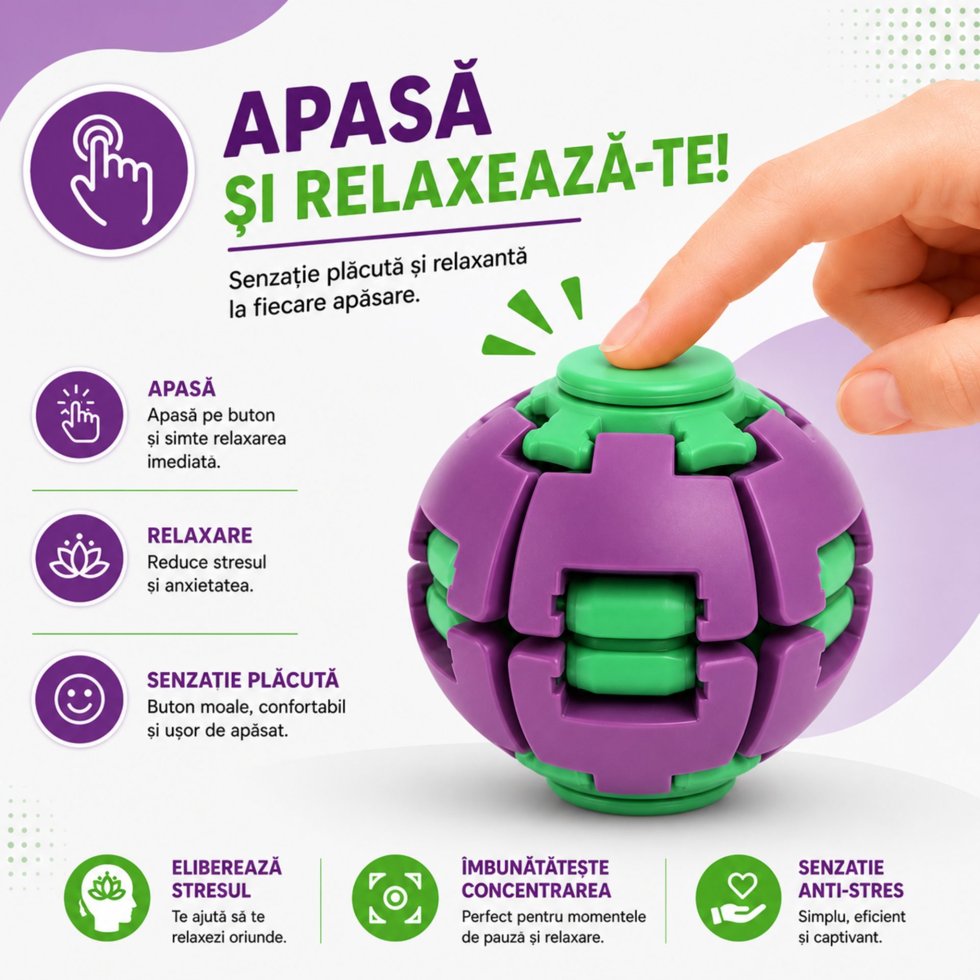 Jucarie Antistres Rotativa, , Model Minge Push and Spin, Rotire Manuala, Structura 3D Interactiva, Relaxare si Indemanare, 6.3 cm, Albastru 5