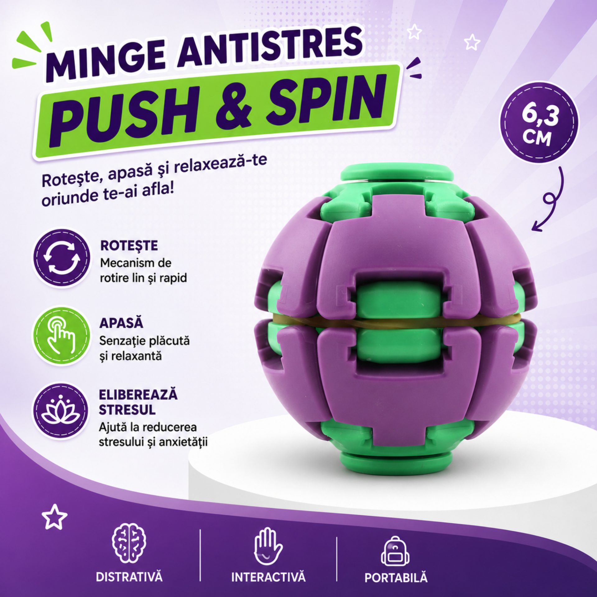Jucarie Antistres Rotativa, , Model Minge Push and Spin, Rotire Manuala, Structura 3D Interactiva, Relaxare si Indemanare, 6.3 cm, Albastru 4