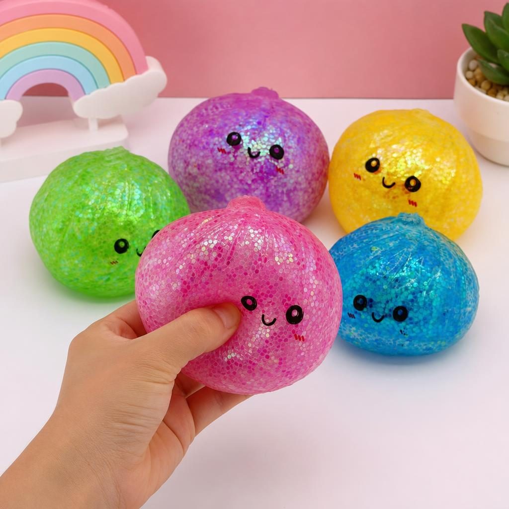 Squishy Dumpling Antistres, , Model Fata Zambitoare din Maltoza cu Sclipici si bile de Hidrogen, Comprimabil cu Revenire Lenta, 5.5 x 5.5 x 5.5 cm, 120 gr, Culoare Surpriza Mix 5