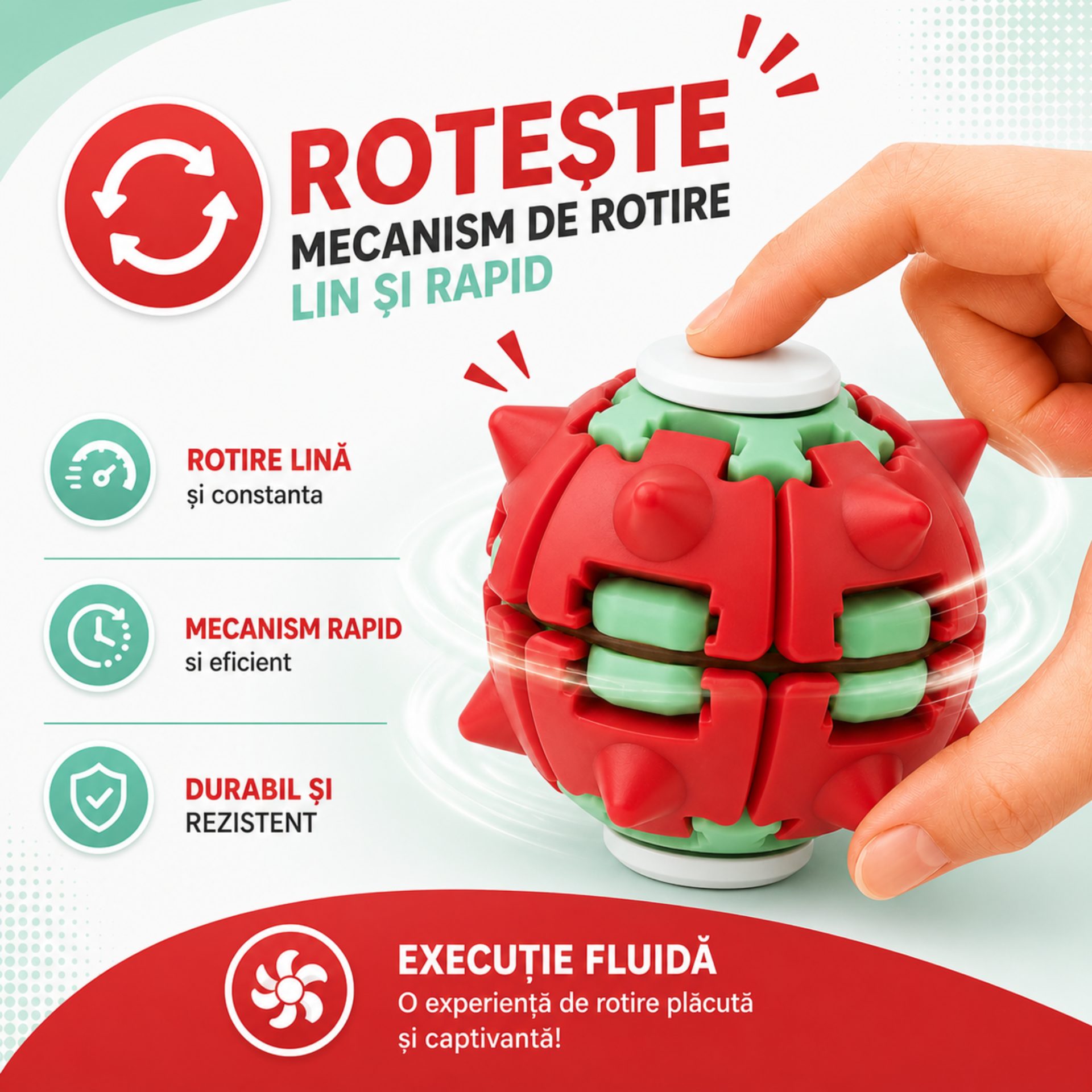 Jucarie Antistres Rotativa, , Model Minge Push and Spin, Rotire Manuala, Structura 3D Interactiva, Relaxare si Indemanare, 6.3 cm, Rosu si verde 3