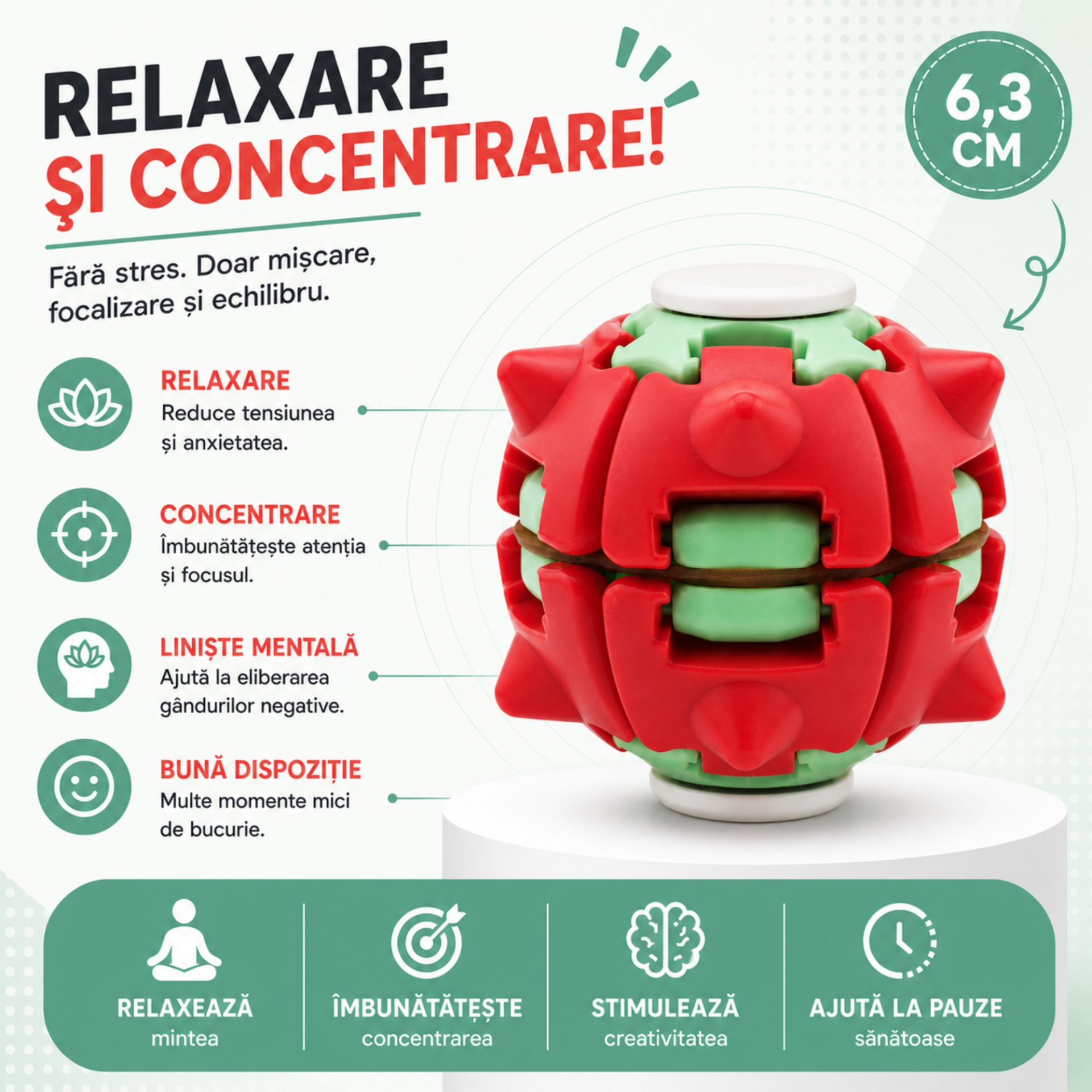 Jucarie Antistres Rotativa, , Model Minge Push and Spin, Rotire Manuala, Structura 3D Interactiva, Relaxare si Indemanare, 6.3 cm, Rosu si verde 2